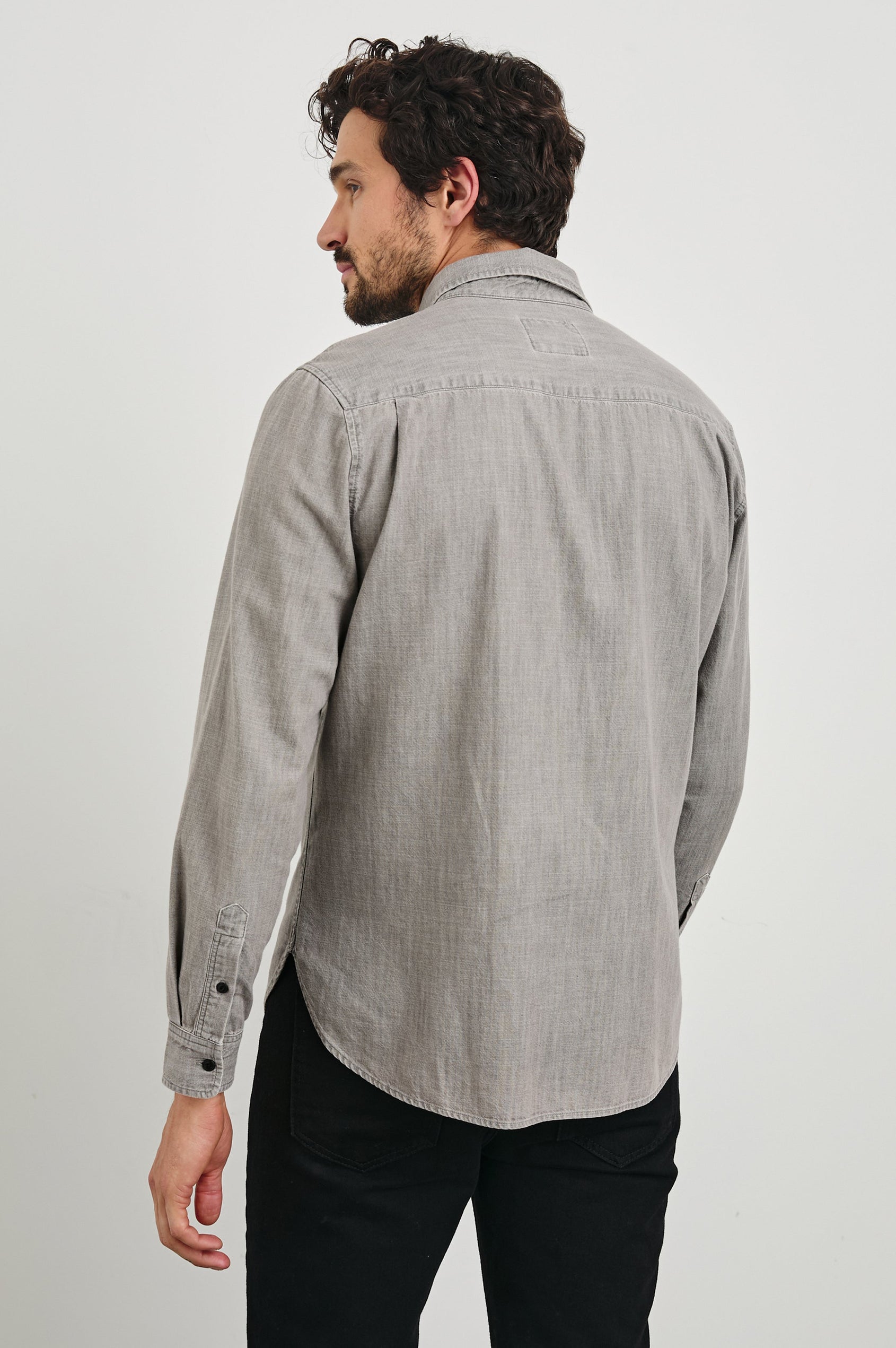 Tristan Long-Sleeve Button Down with a Chest Patch Pocket in Trail Mix Colorway, a brownish grey - Back View Featured on Model