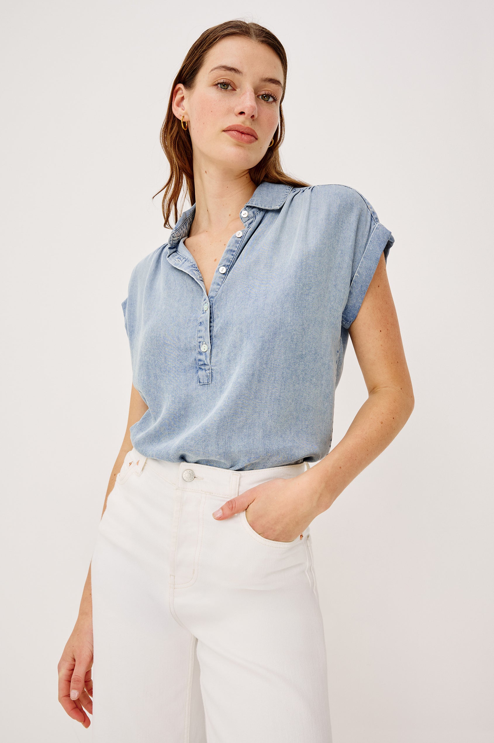 Tuscany Top in Luxe Linen With Relaxed Fit, Cuffed Cap Sleeves, Collar, Half Front Placket in Washed Blue Colorway - Upper Body Front View Featured on Model
