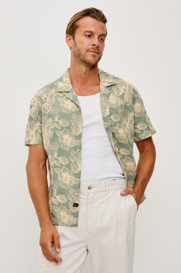 Tyler Shirt in Stretch Cotton With Floral Jute Embroidery, Front Buttons, Notched Collar, Short Sleeves, and Classic Fit in Floral Rope Jade Colorway - Upper Body Front View Featured on Model