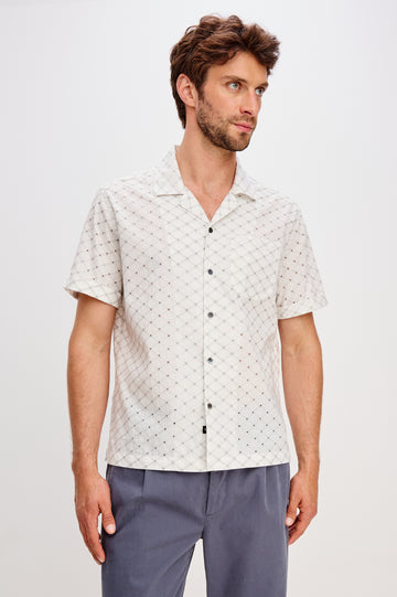 Tyler embroidered short sleeve button up with collar in Silver Bone Diamond colorway - front detail view featured on model