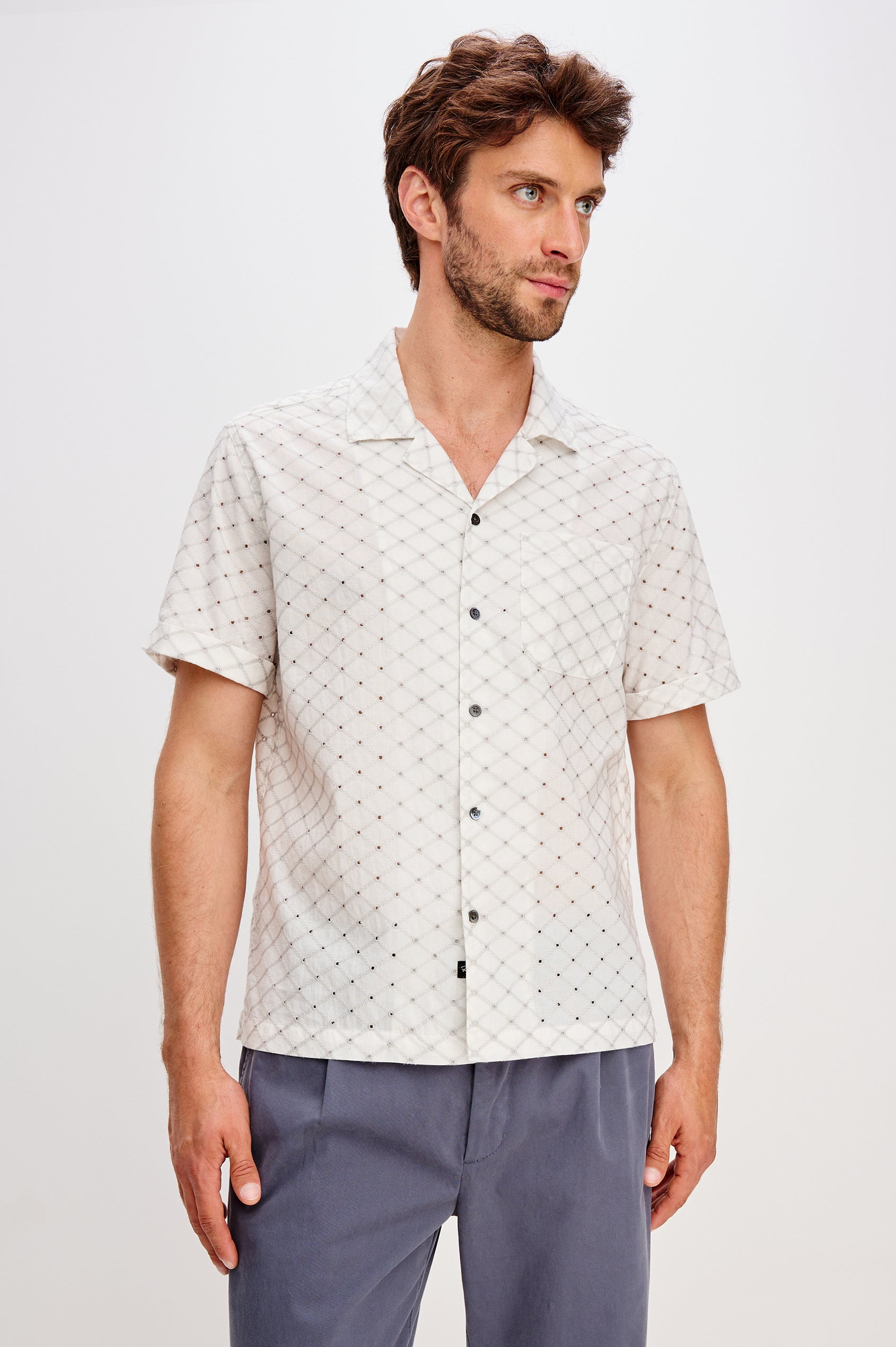 Tyler embroidered short sleeve button up with collar in Silver Bone Diamond colorway - front detail view featured on model