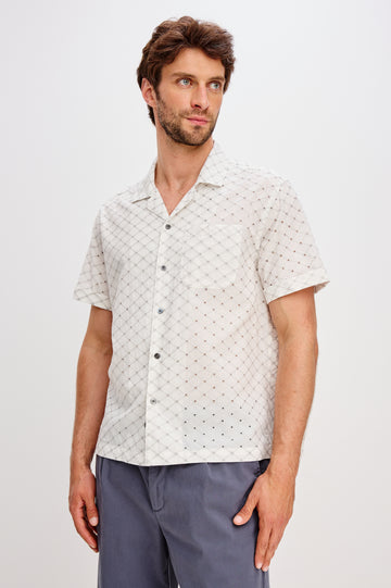 Tyler embroidered short sleeve button up with collar in Silver Bone Diamond colorway - front view featured on model