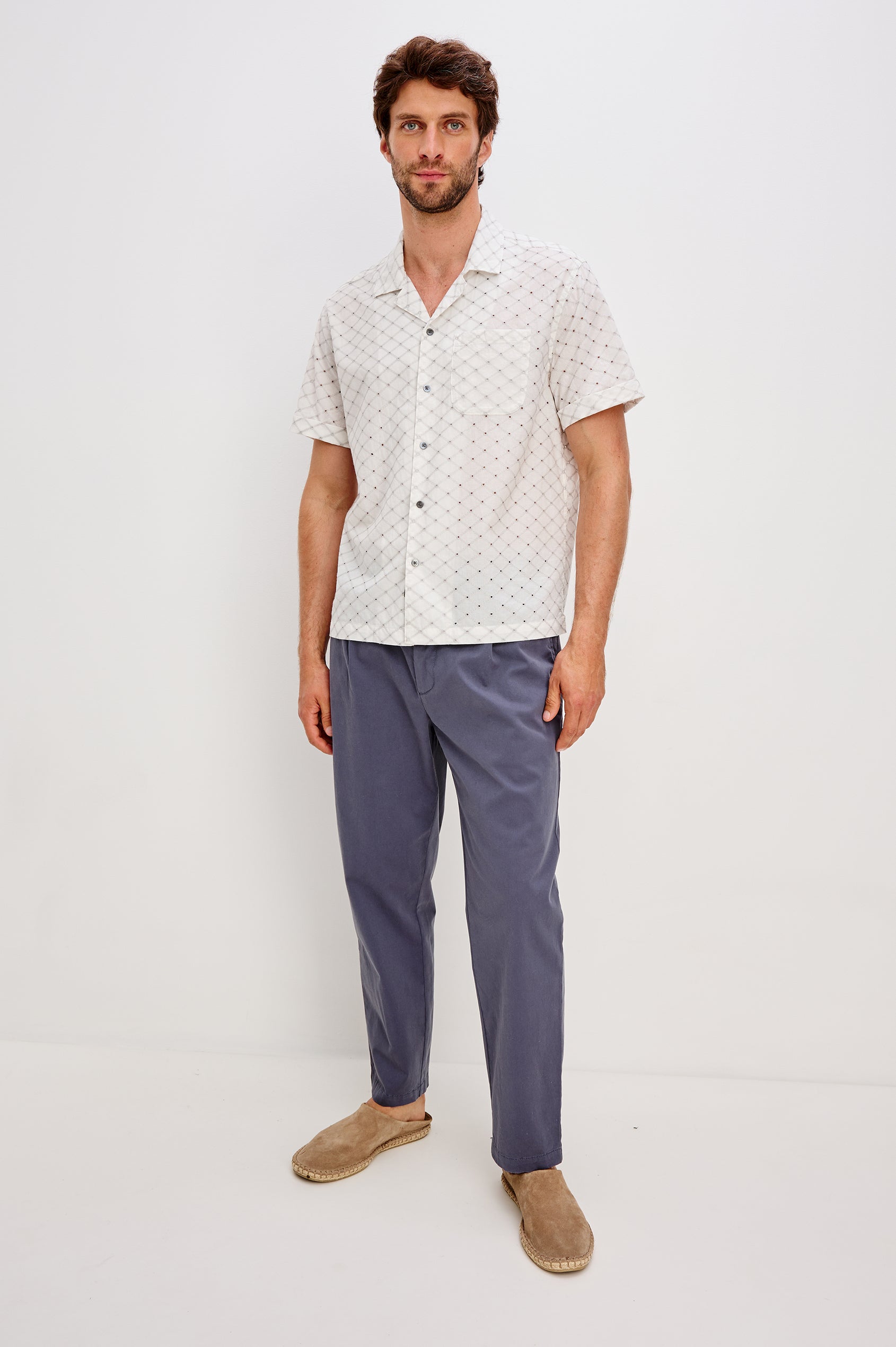 Tyler Shirt in Stretch Cotton With Floral Jute Embroidery, Front Buttons, Notched Collar, Short Sleeves, and Classic Fit in Silver Bone Diamond Colorway - Full Body Front View Featured on Model
