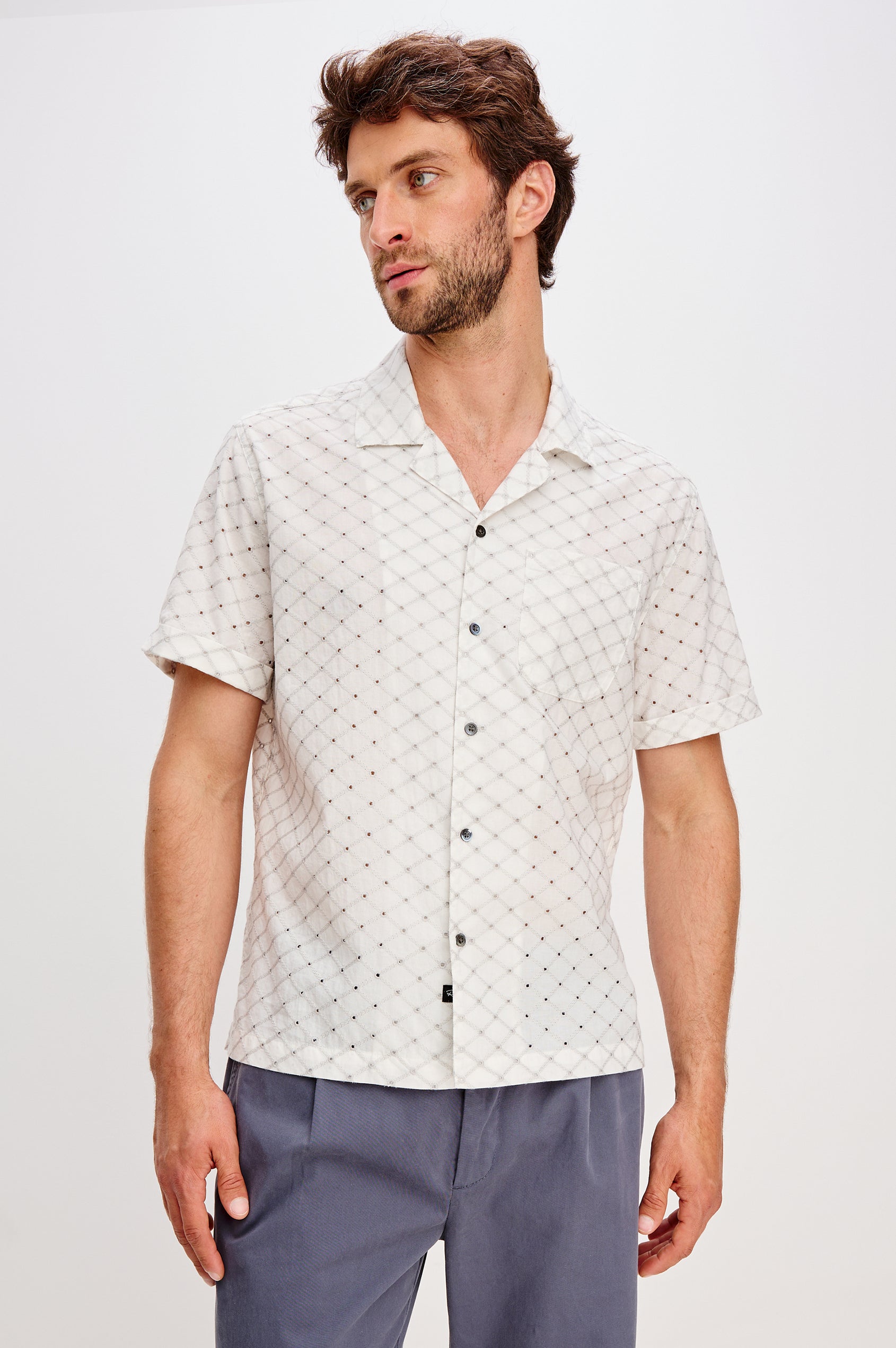 Tyler embroidered short sleeve button up with collar in Silver Bone Diamond colorway - back view featured on model