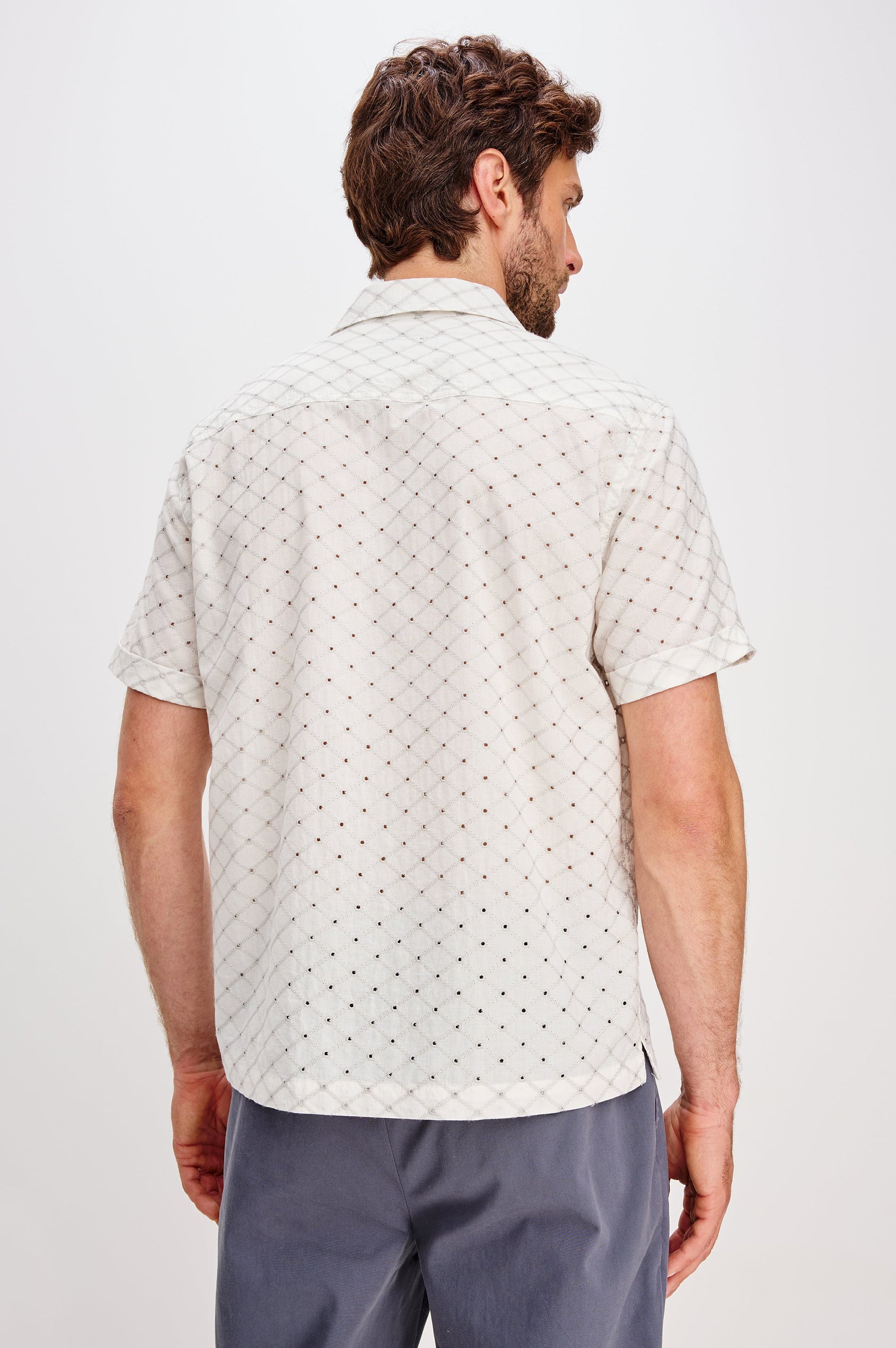 Tyler embroidered short sleeve button up with collar in Silver Bone Diamond colorway - back view featured on model