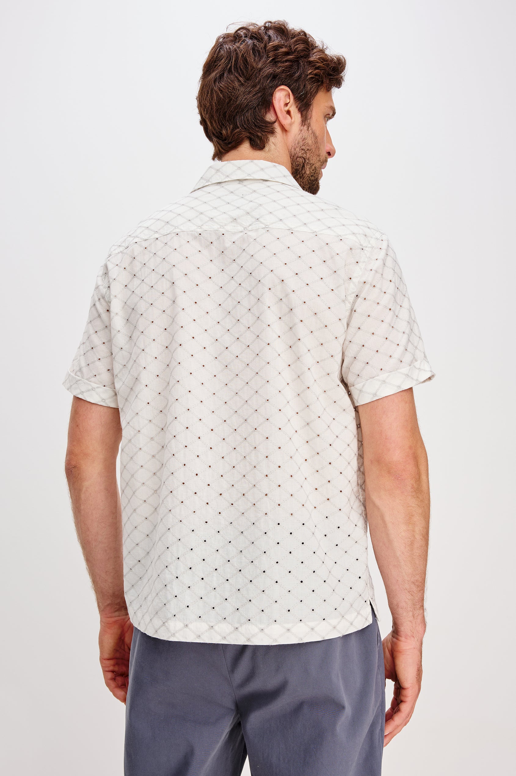 Tyler Shirt in Stretch Cotton With Floral Jute Embroidery, Front Buttons, Notched Collar, Short Sleeves, and Classic Fit in Silver Bone Diamond Colorway - Upper Body Back View Featured on Model