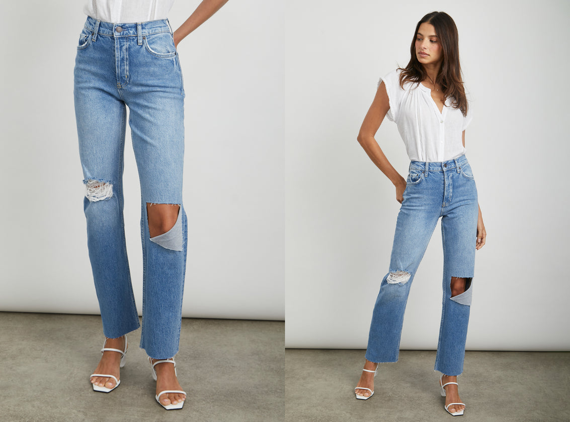 TWO SIDE BY SIDE IMAGES. FIRST IMAGE IS FRONT DETAIL IMAGE OF TOPANGA STRAIGHT JEANS IN FADED BLUE DESTROY. SECOND IMAGE IS FRONT FULL BODY IMAGE OF MODEL WEARING TOPANGA STRAIGHT JEANS IN FADED BLUE DESTROY.
