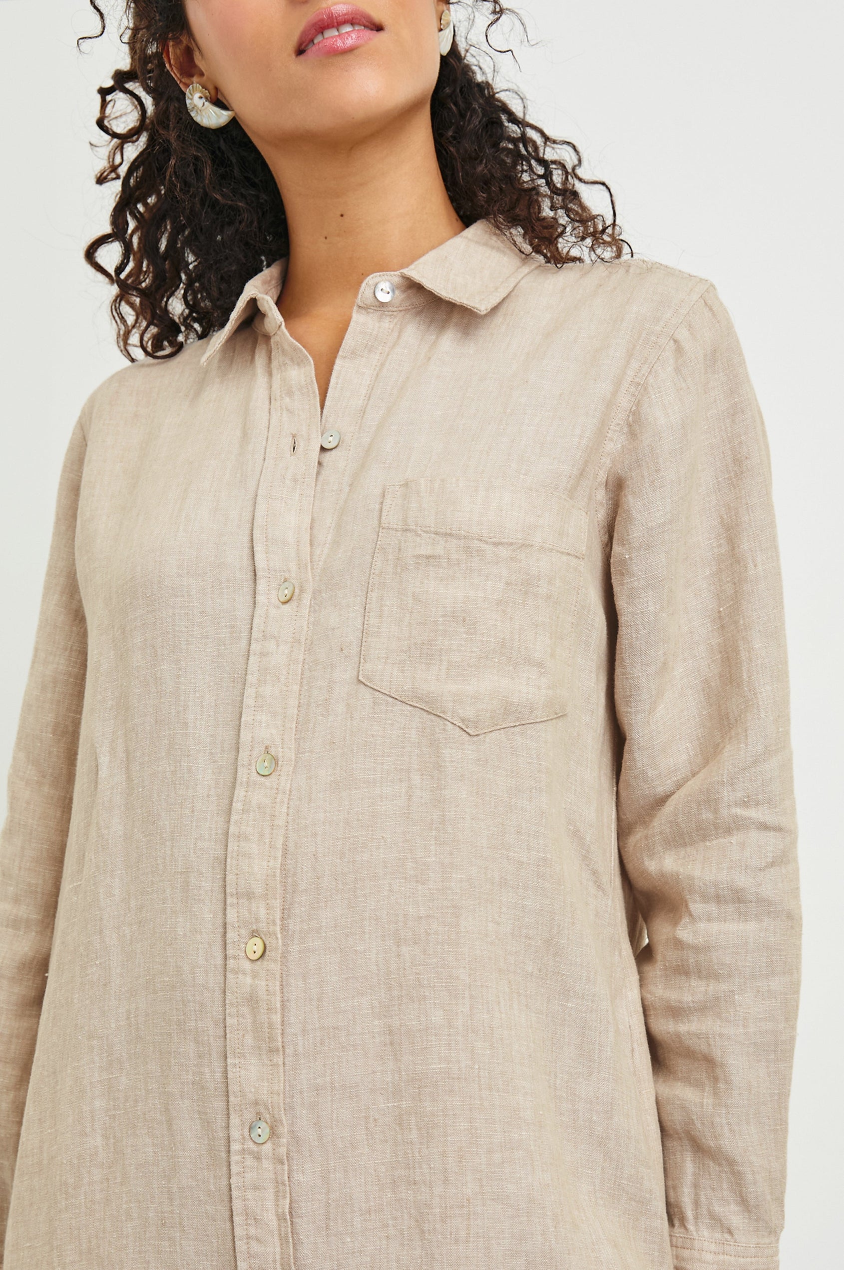 Val Long Sleeve Shirt Dress With Collar And Button Down Front In Colorway Flax - Detail View Featured On Model