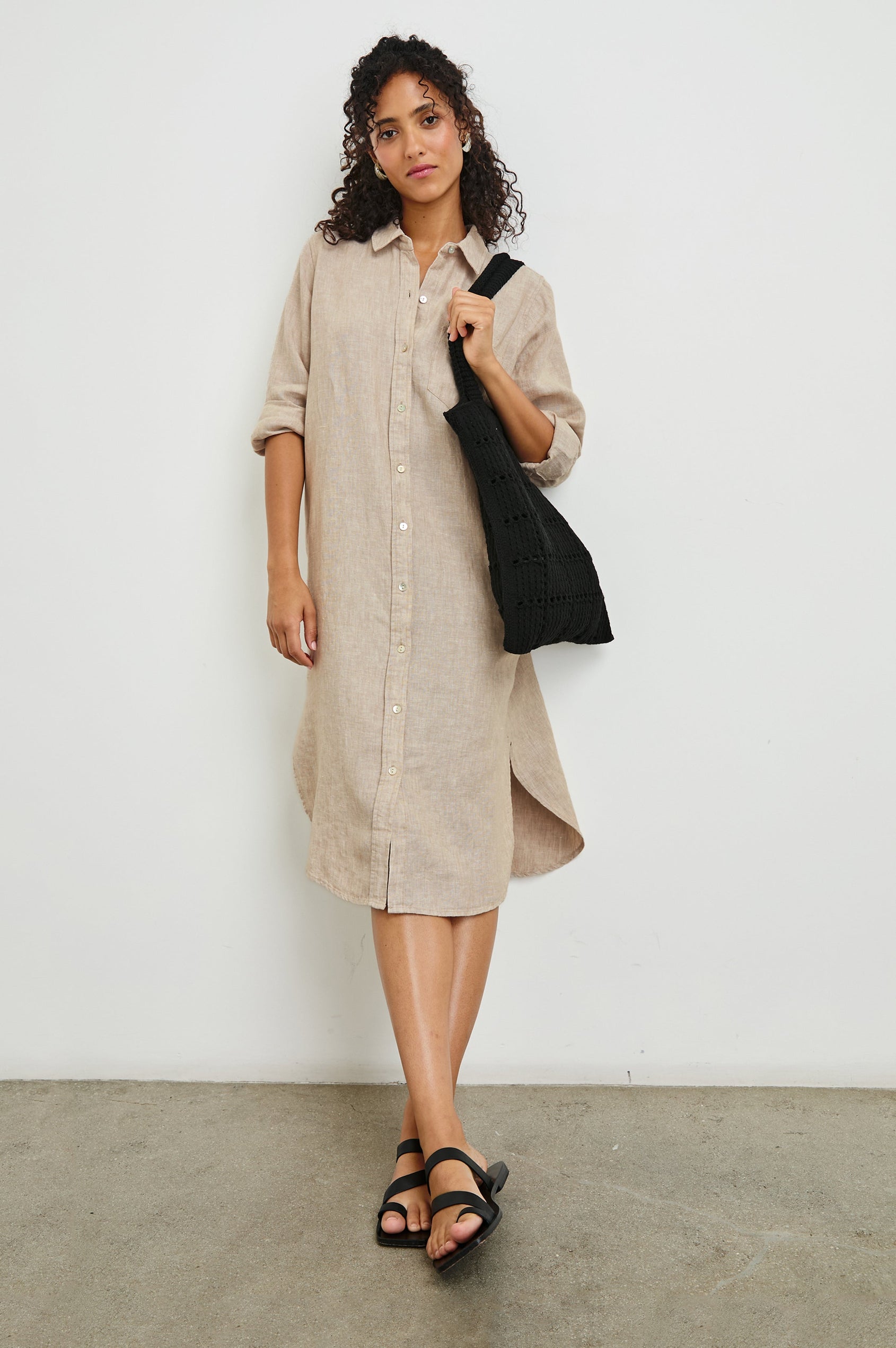 Val Long Sleeve Shirt Dress With Collar And Button Down Front In Colorway Flax - Full Front Body View Featured On Model With Purse
