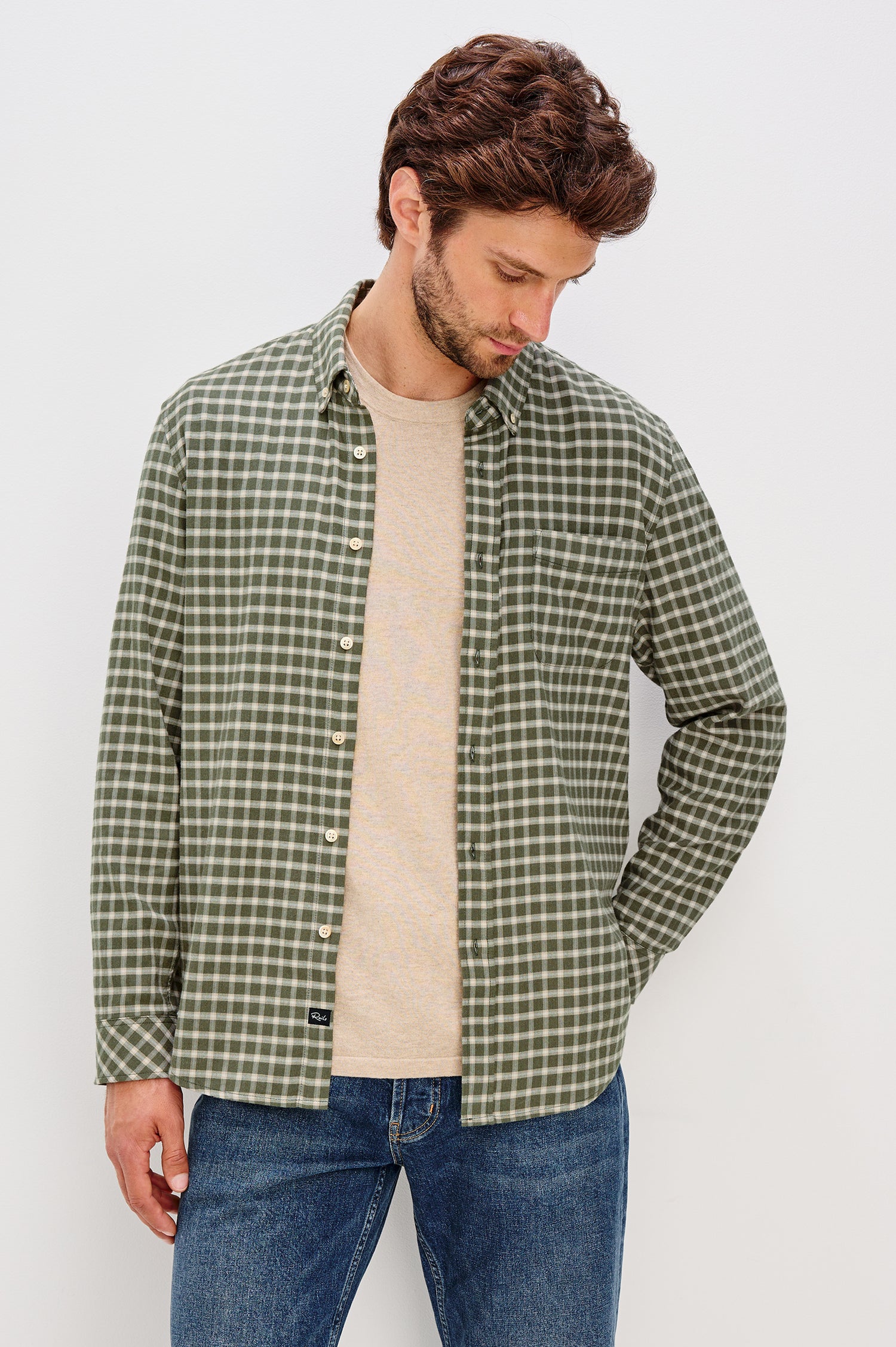 Vance Button-Down Shirt With Collar, Long Sleeves, and Single Chest Patch Pocket in Basil Stone Colorway - Upper Body Front View Featured on Model