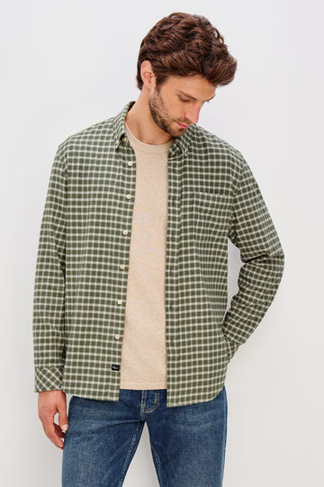Vance button front collared shirt with long sleeves, collard stand buttons and a single chest pocket in Basil Stone colorway. Front view featured on model.