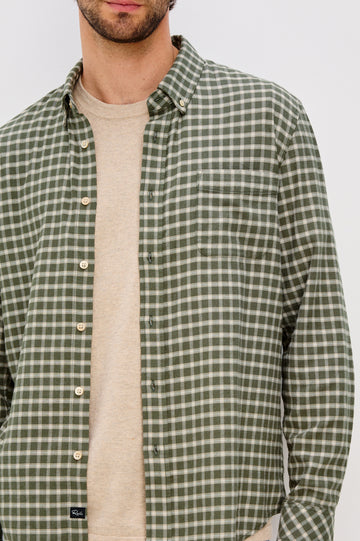 Vance Button-Down Shirt With Collar, Long Sleeves, and Single Chest Patch Pocket in Basil Stone Colorway - Upper Body Front Close Up View Featured on Model