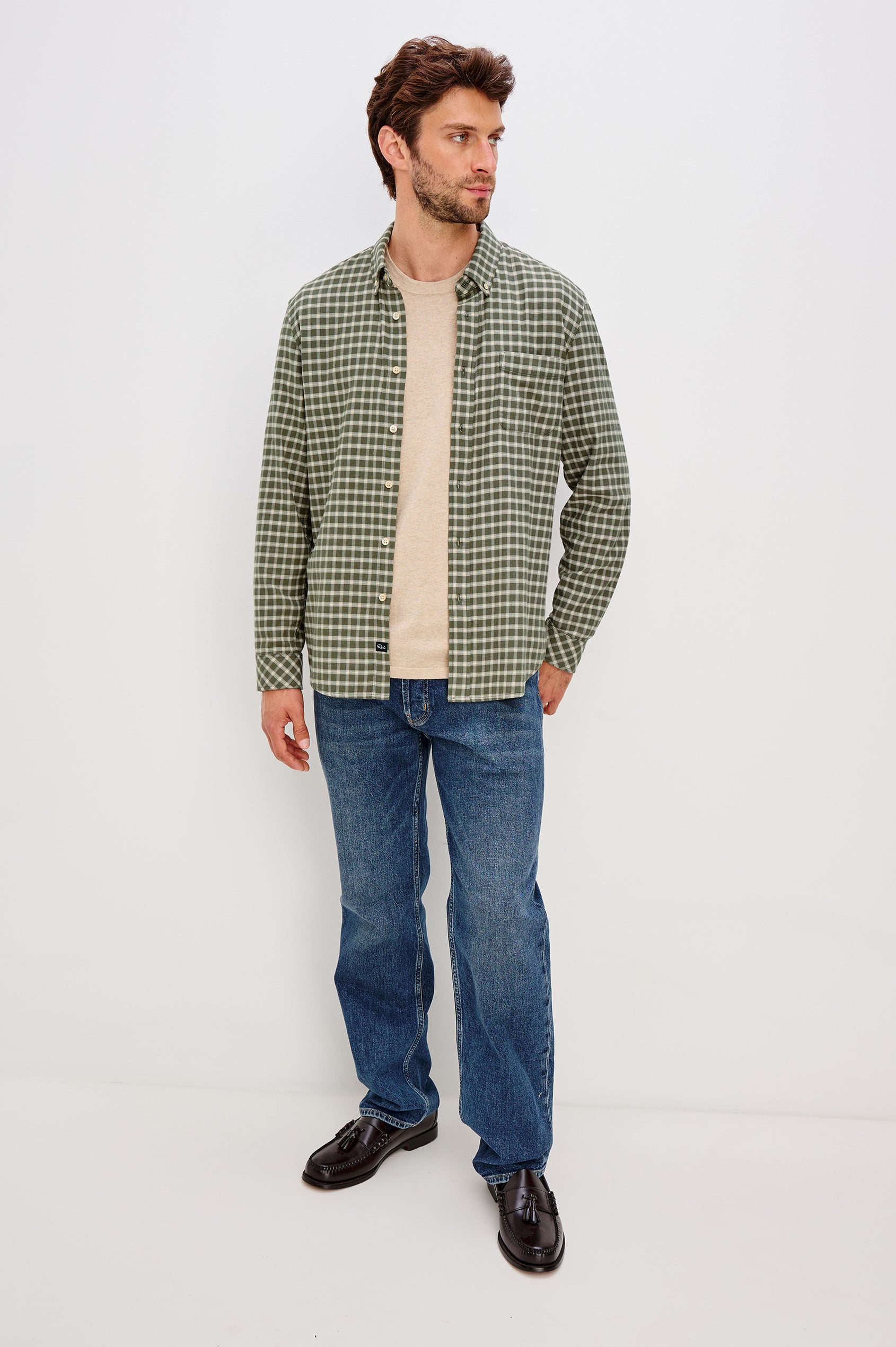 Vance Button-Down Shirt With Collar, Long Sleeves, and Single Chest Patch Pocket in Basil Stone Colorway - Full Body Front View Featured on Model