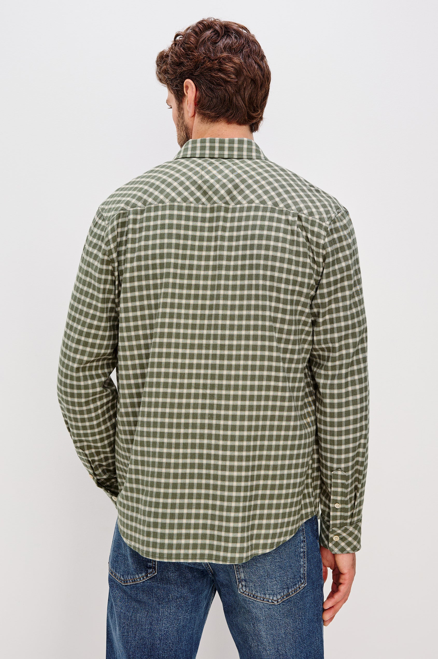 Vance Button-Down Shirt With Collar, Long Sleeves, and Single Chest Patch Pocket in Basil Stone Colorway - Upper Body Back View Featured on Model