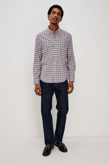 Vance button front collared shirt with long sleeves, collard stand buttons and a single chest pocket in Blue Ruby Check colorway. Front full body view featured on model.