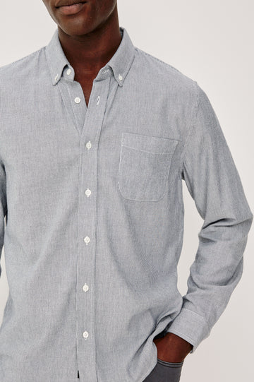 Vance Front Button Shirt in Cotton Blend With Collar, Long Sleeves, and Classic Fit in Blue White Stripe Colorway - Upper Body Front Detail View Featured on Model