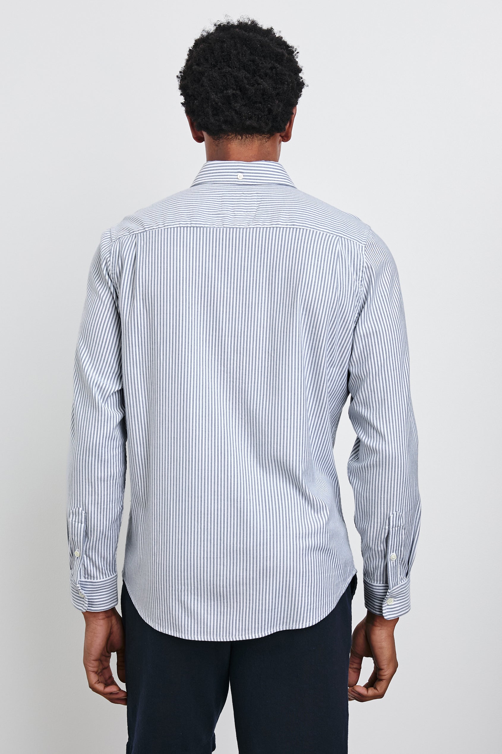 Vance Front Button Shirt in Cotton Blend With Collar, Long Sleeves, and Classic Fit in Blue White Stripe Colorway - Upper Body Front View Featured on Model