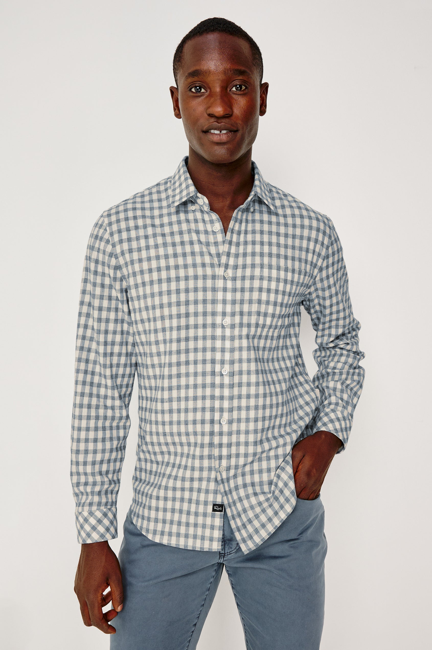 Vance Front Button Shirt in Cotton Blend With Collar, Long Sleeves, and Classic Fit in Bone Navy Check Colorway - Upper Body Front View Featured on Model