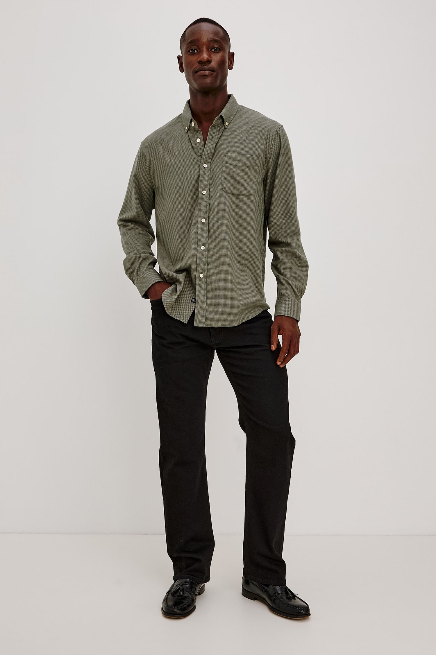 Vance Shirt in Soft Brushed Cotton Blend in Classic Slim Fit, Collar, Button-Down Design, Chest Pocket, and Long Sleeves in Forest Heather Grid Colorway - Full Body Front View Featured on Model
