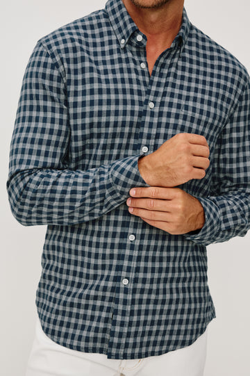 Vance Front Button Shirt in Cotton Blend With Collar, Long Sleeves, and Classic Fit in Navy Ivory Check Colorway- Upper Body Close Up Front View Featured on Model