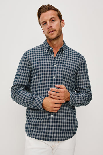 Vance Front Button Shirt in Cotton Blend With Collar, Long Sleeves, and Classic Fit in Navy Ivory Check Colorway - Upper Body Front View Featured on Model