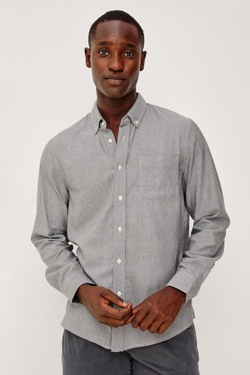 Vance button front collared shirt with long sleeves, collard stand buttons and a single chest pocket in Navy Rope Stripe colorway. Front view shown on model.