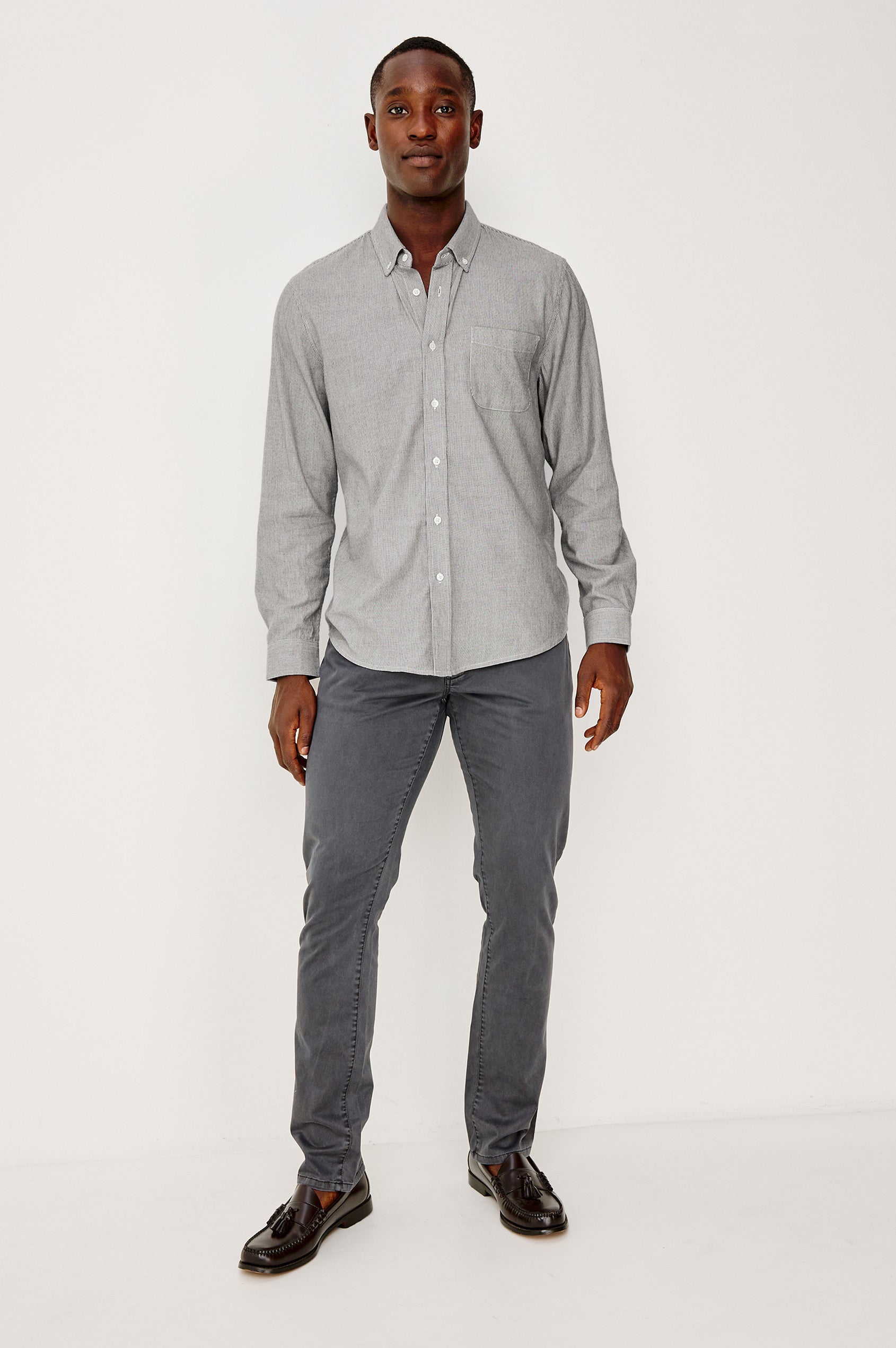 Vance Button Front Collared Shirt With Long Sleeves and Single Chest Pocket in Navy Rope Stripe Colorway - Full Body Front View Featured on Model