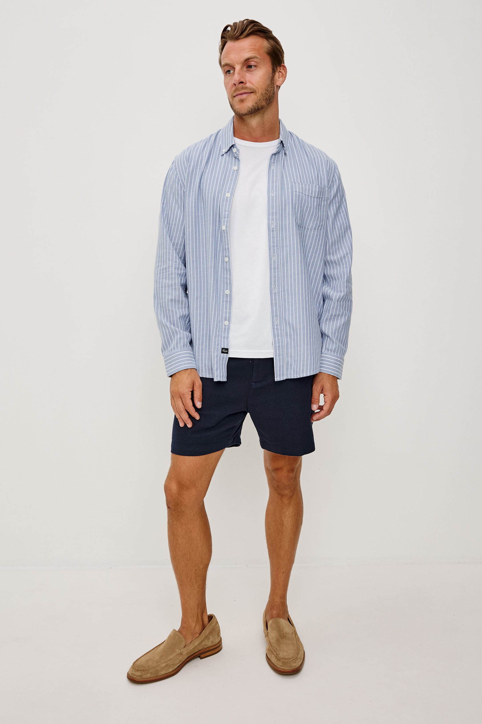 Vance Front Button Shirt in Cotton Blend With Collar, Long Sleeves, and Classic Fit in Oxford White Stripe Colorway - Full Body Front View Featured on Model