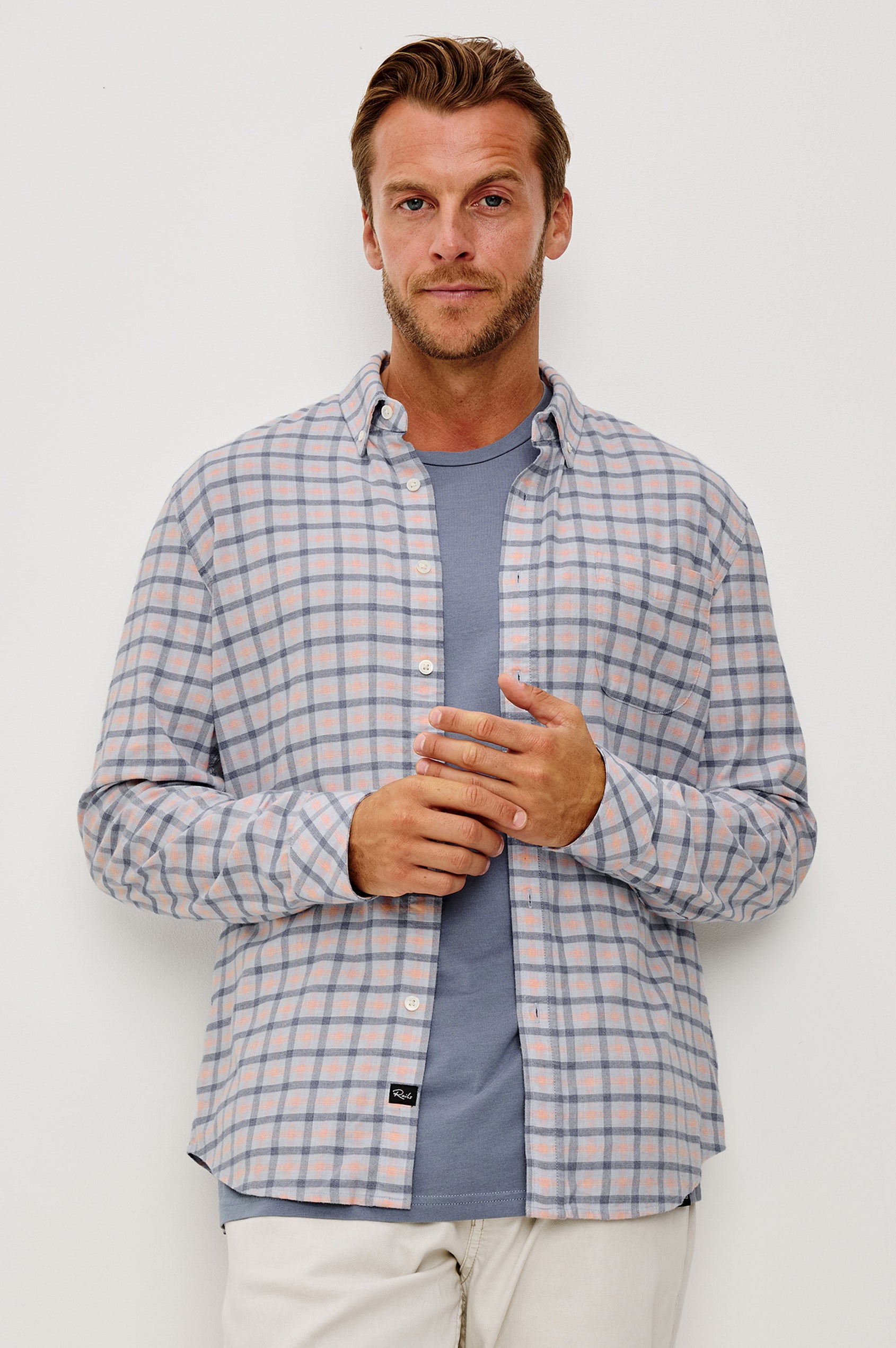 Vance Front Button Shirt in Cotton Blend With Collar, Long Sleeves, and Classic Fit in Peach Sky Colorway - Upper Body Front View Featured on Model