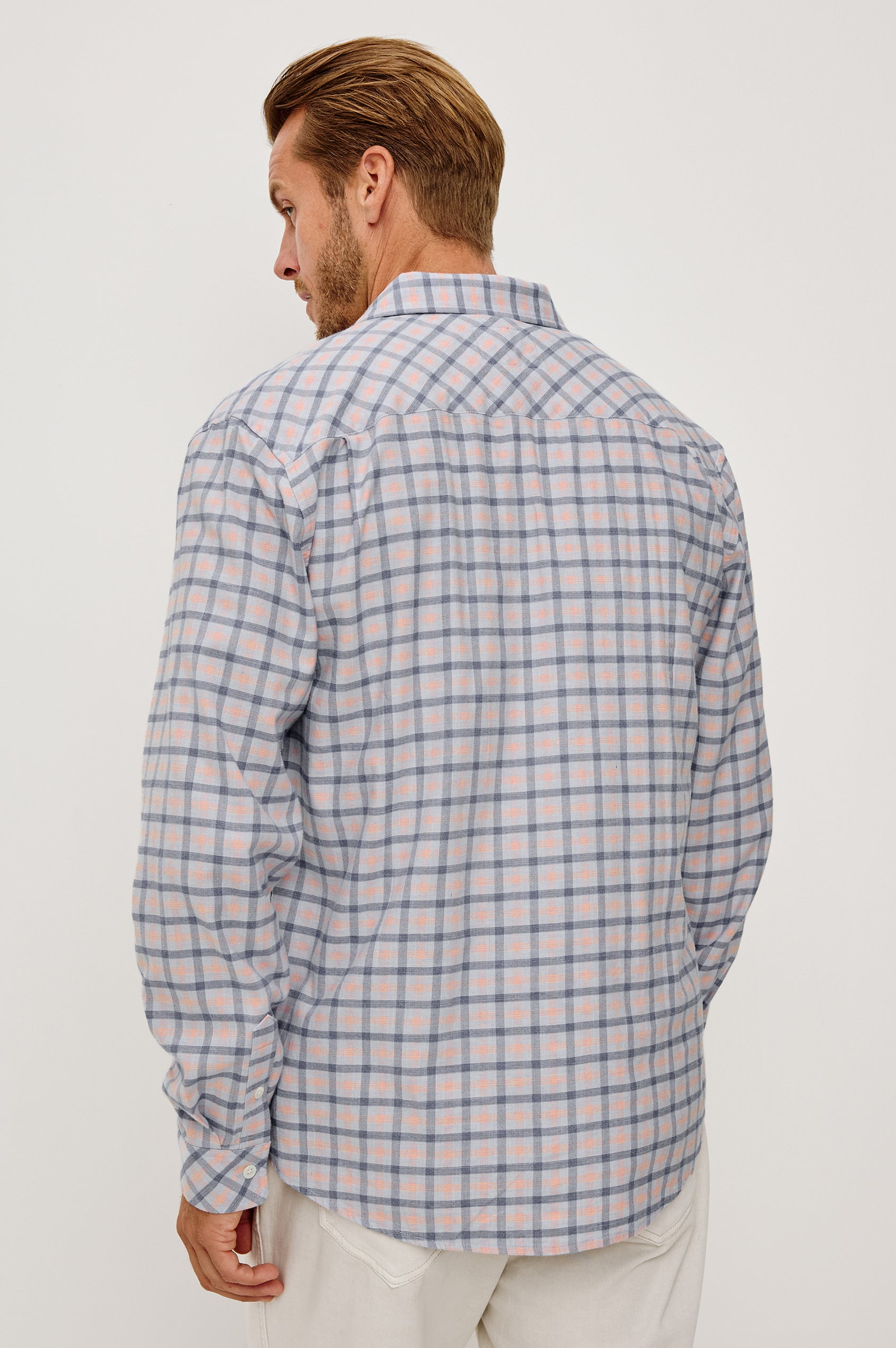 Vance Front Button Shirt in Cotton Blend With Collar, Long Sleeves, and Classic Fit in Peach Sky Colorway - Upper Body Back View Featured on Model