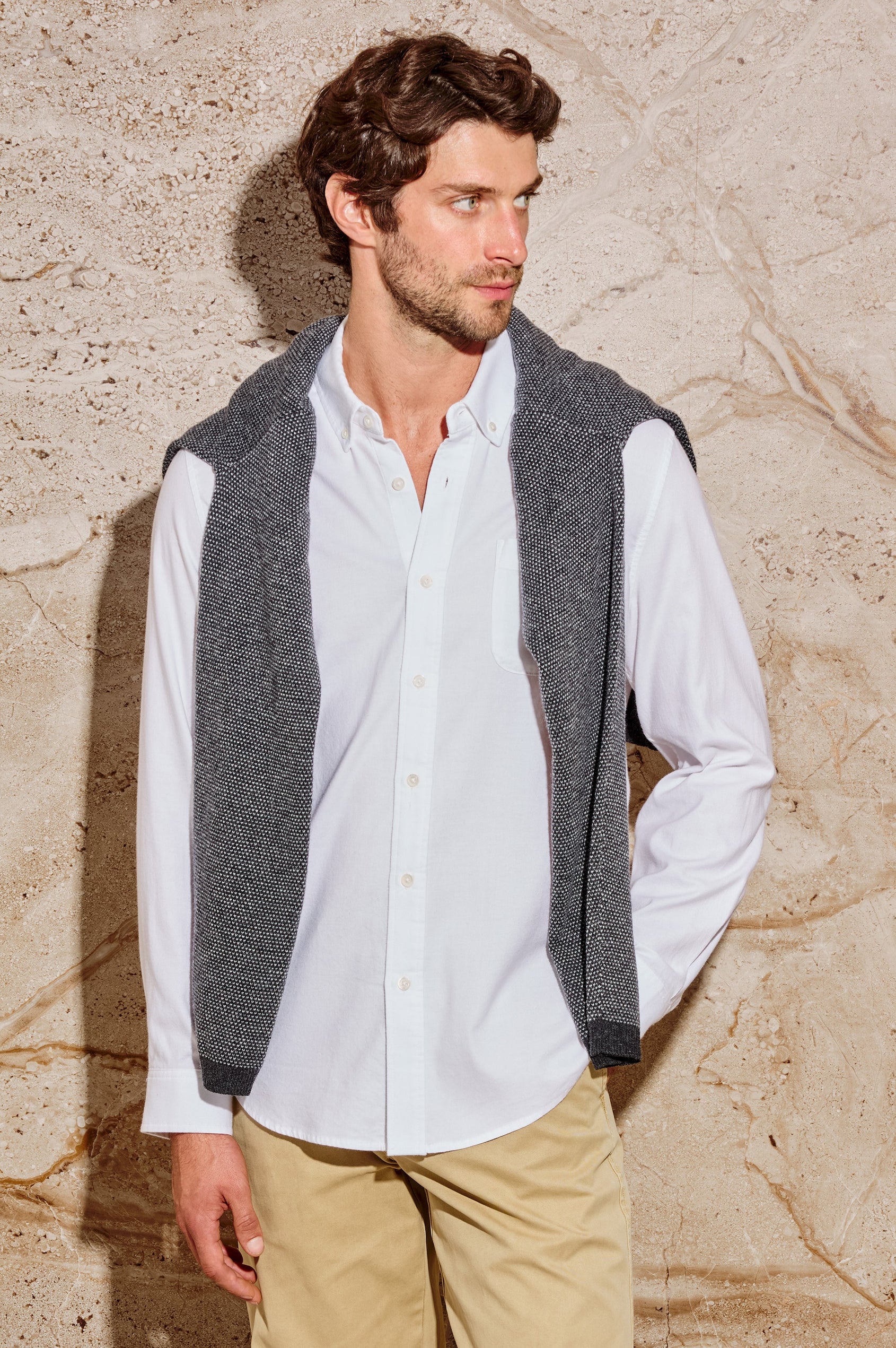 Vance button front collared shirt with long sleeves, collard stand buttons and a single chest pocket in White colorway. Front view featured on model.