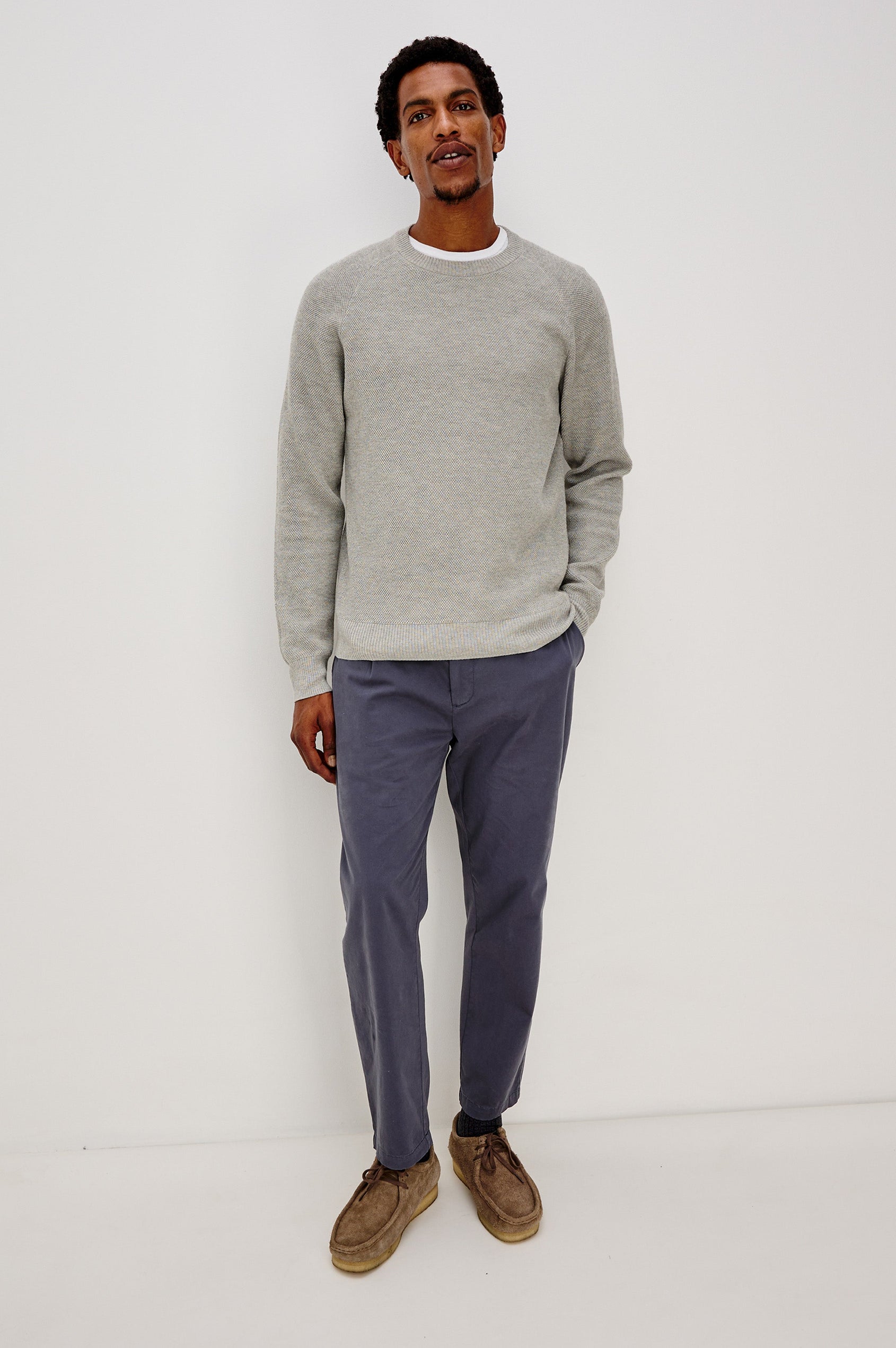 Vann long sleeve crew neck sweater in Grey Heather Colorway. Front Full Body View on Model Shown.