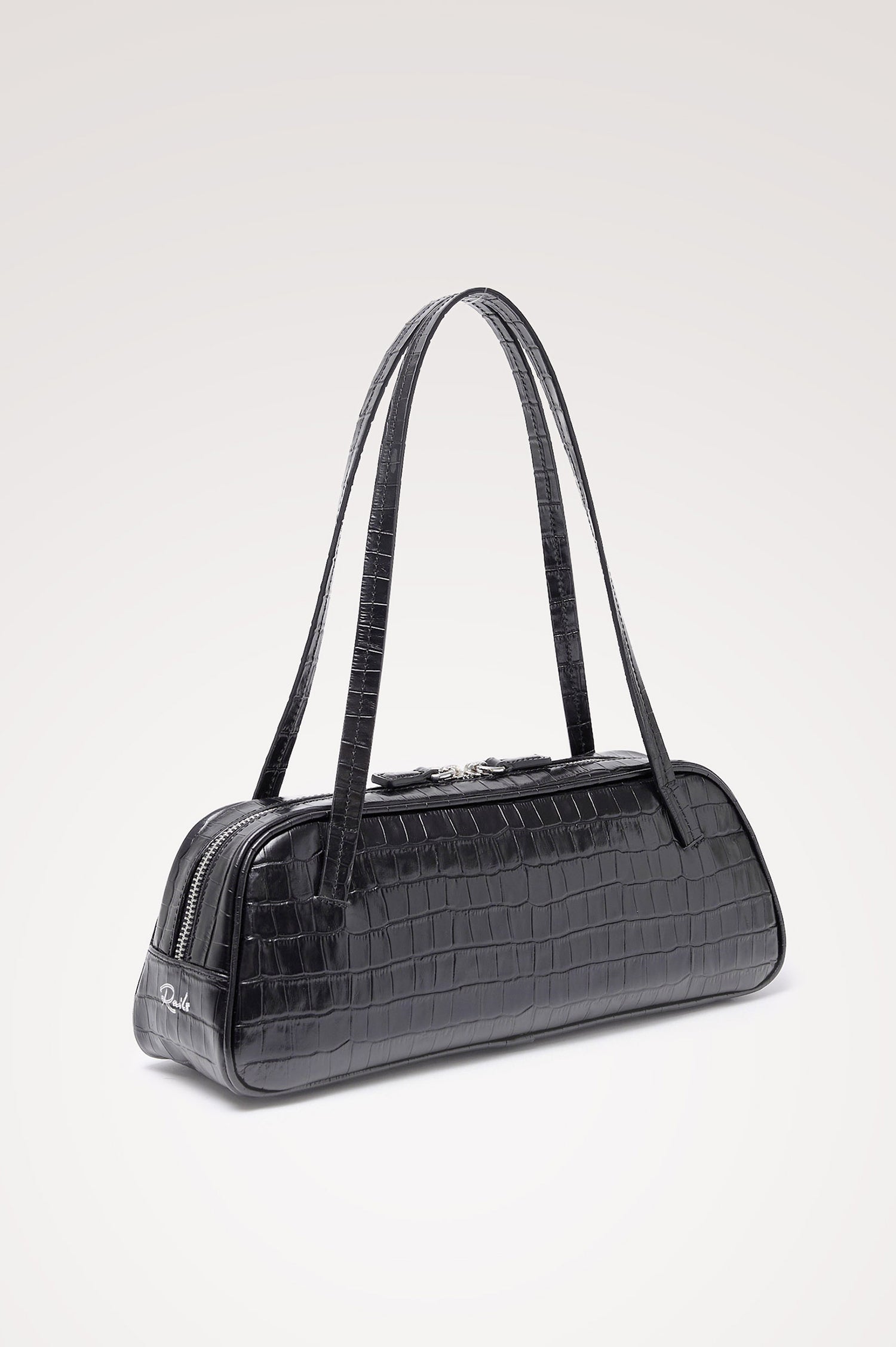 Varese Baguette Bag in Black Croc Embossed Leather With Top Straps, Top-Zip Closure, and Interior Slip Pocket - Front angled Product View Featured