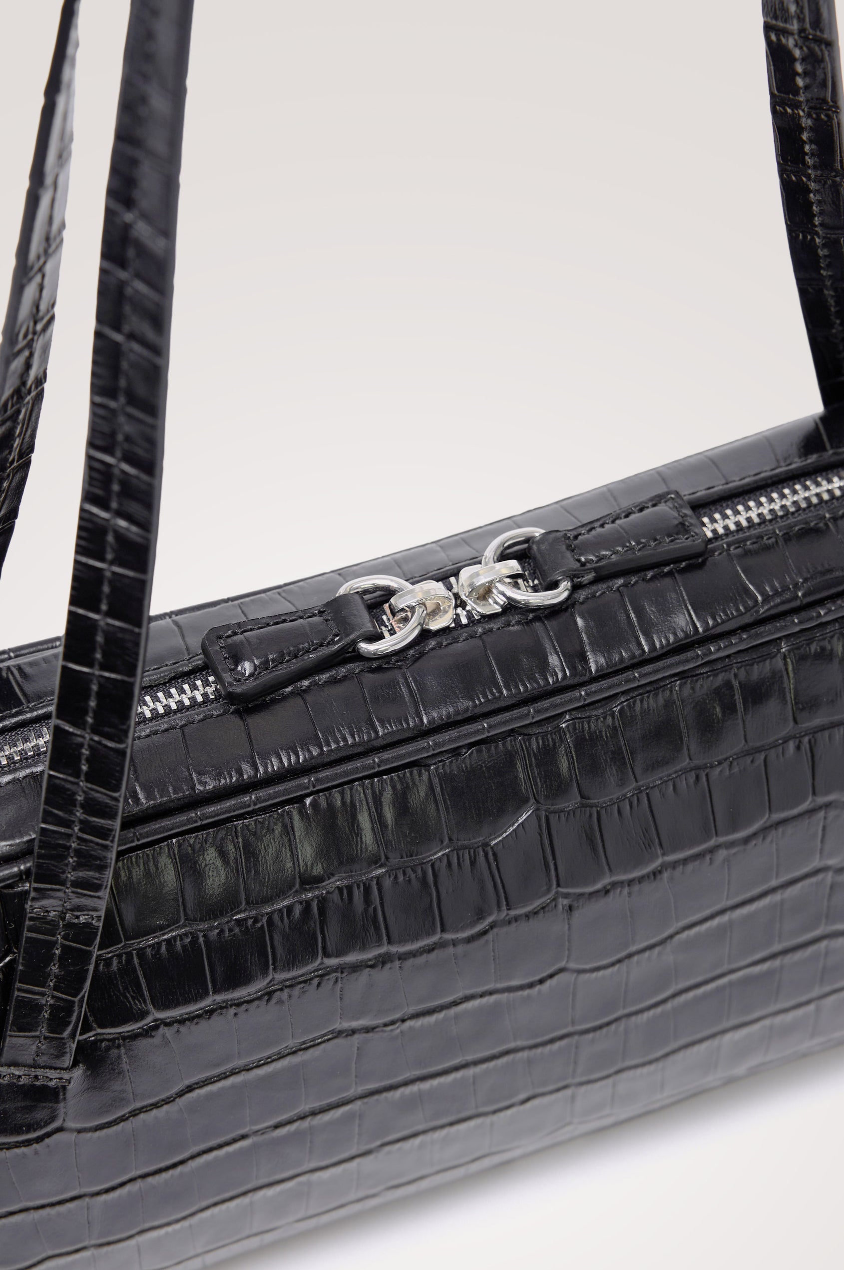 Varese Baguette Bag in Black Croc Embossed Leather With Top Straps, Top-Zip Closure, and Interior Slip Pocket - Top Close-Up Product View Featured
