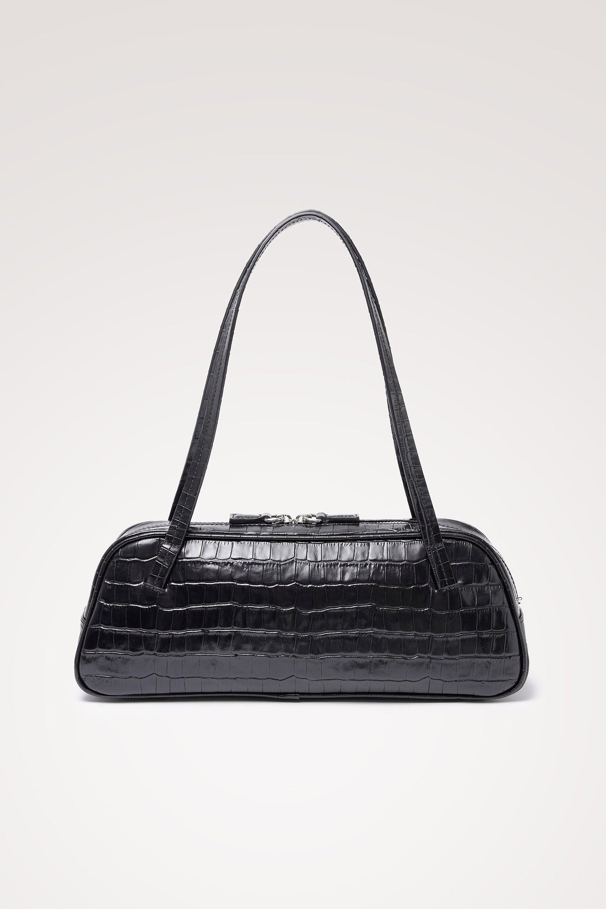Varese Baguette Bag in Black Croc Embossed Leather With Top Straps, Top-Zip Closure, and Interior Slip Pocket - Front Product View Featured