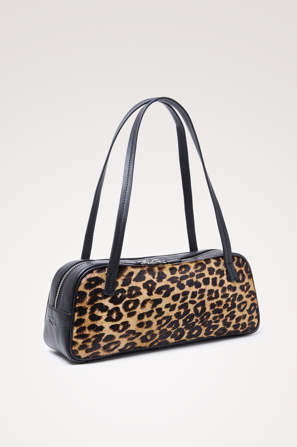 Varese Baguette Bag in Leather and Haircalf With Top Straps, Top-Zip Closure, and Interior Slip Pocket in Brown Nala Hair Calf Colorway - Side Product View Featured
