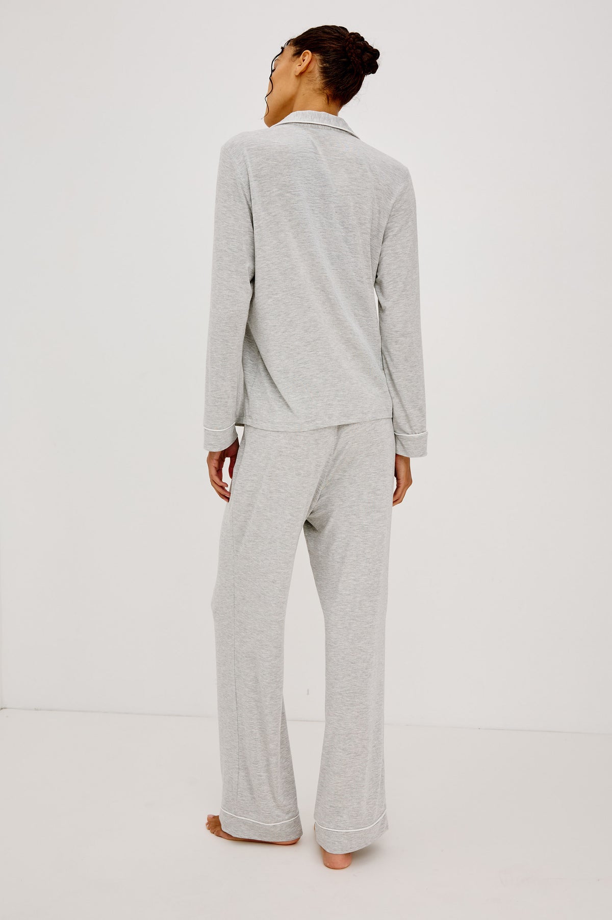Varra Pajama Set in Soft Jersey With Contrast Piping, Relaxed Fit, Long Sleeve Collared Button-Up Shirt, and Straight-Leg Pants in Heather Grey Colorway - Full Body Back View Featured on Model