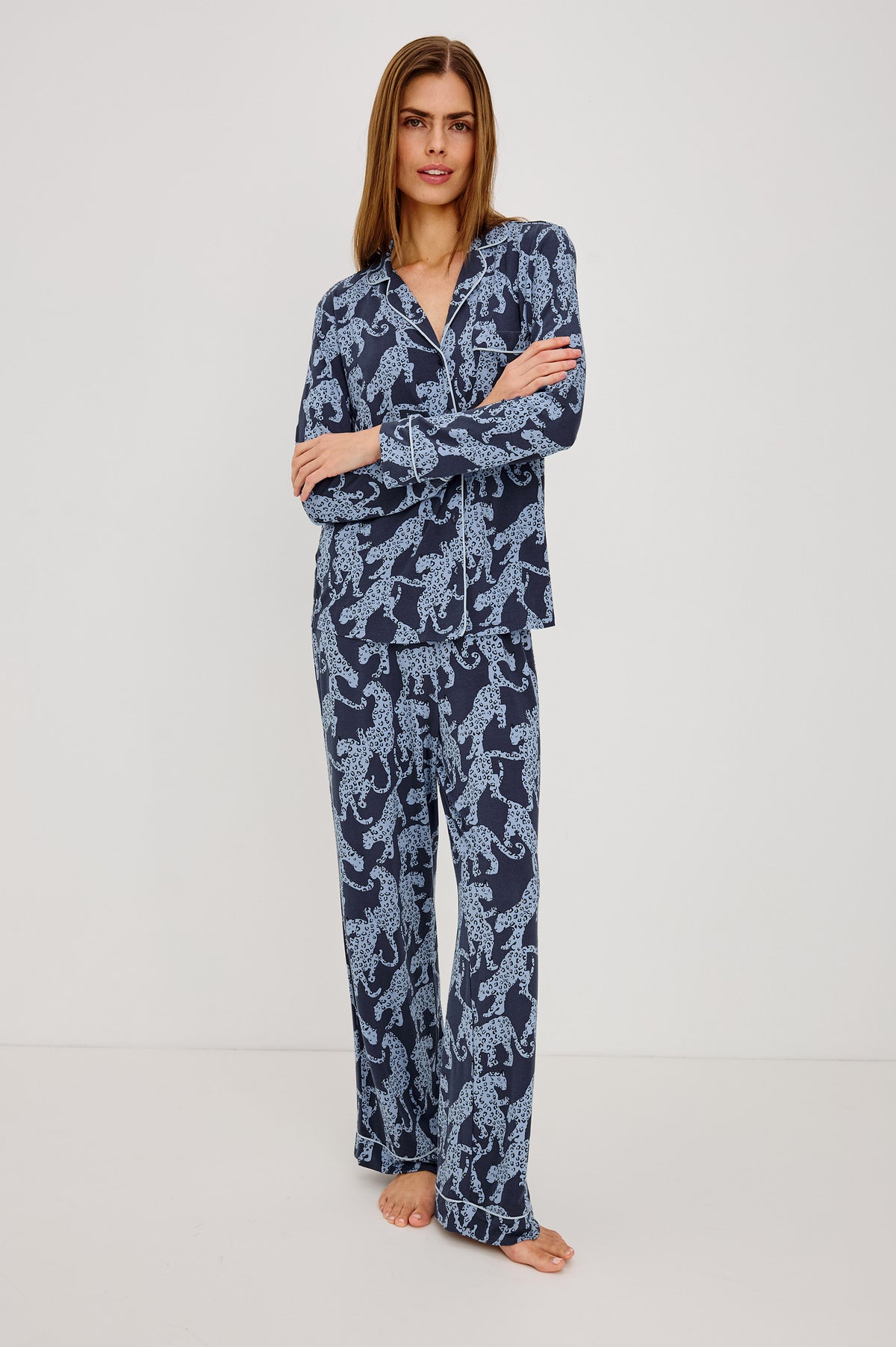 Varra Pajama Set in Soft Jersey With Contrast Piping, Relaxed Fit, Long Sleeve Collared Button-Up Shirt, and Straight-Leg Pants in Midnight Jaguar Colorway - Full Body Front View Featured on Model