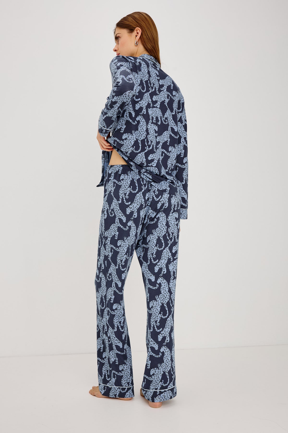 Varra Pajama Set in Soft Jersey With Contrast Piping, Relaxed Fit, Long Sleeve Collared Button-Up Shirt, and Straight-Leg Pants in Midnight Jaguar Colorway - Full Body Back View Featured on Model