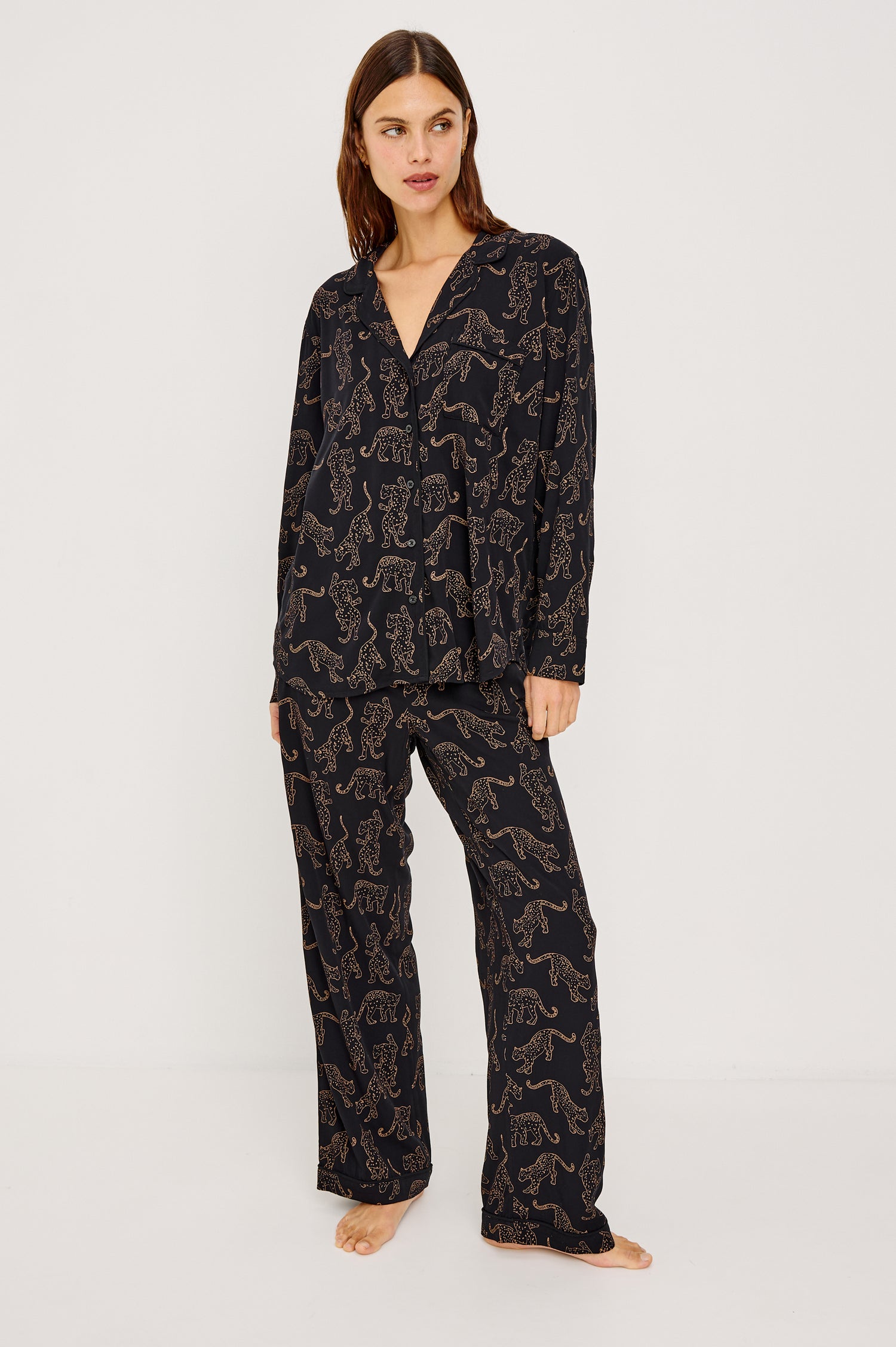 Varra Pajama Set in Jersey With Contrast Piping Button-Up Shirt With Notched Collar and Long Sleeves and Matching High-Waisted Pants With Adjustable Waist Drawstring Ties in Loose Fit in Tan Jaguars Colorway - Full Body Front View Featured on Model