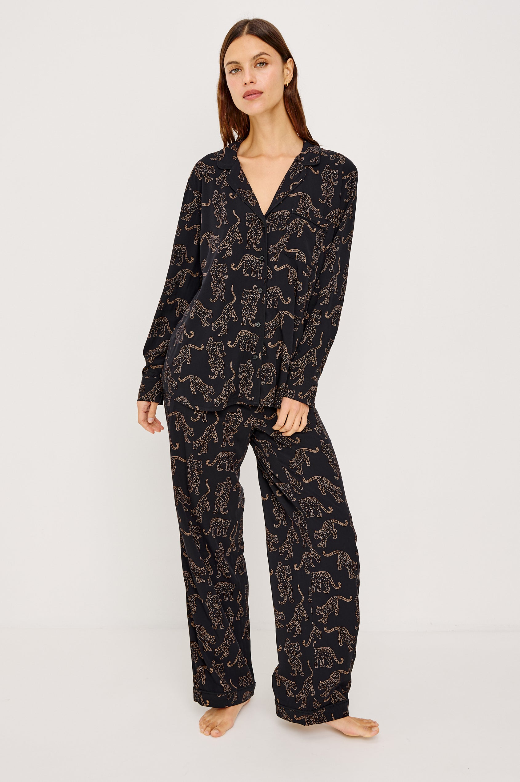 Varra Pajama Set in Jersey With Contrast Piping Button-Up Shirt With Notched Collar and Long Sleeves and Matching High-Waisted Pants With Adjustable Waist Drawstring Ties in Loose Fit in Tan Jaguars Colorway - Full Body Front View Featured on Model