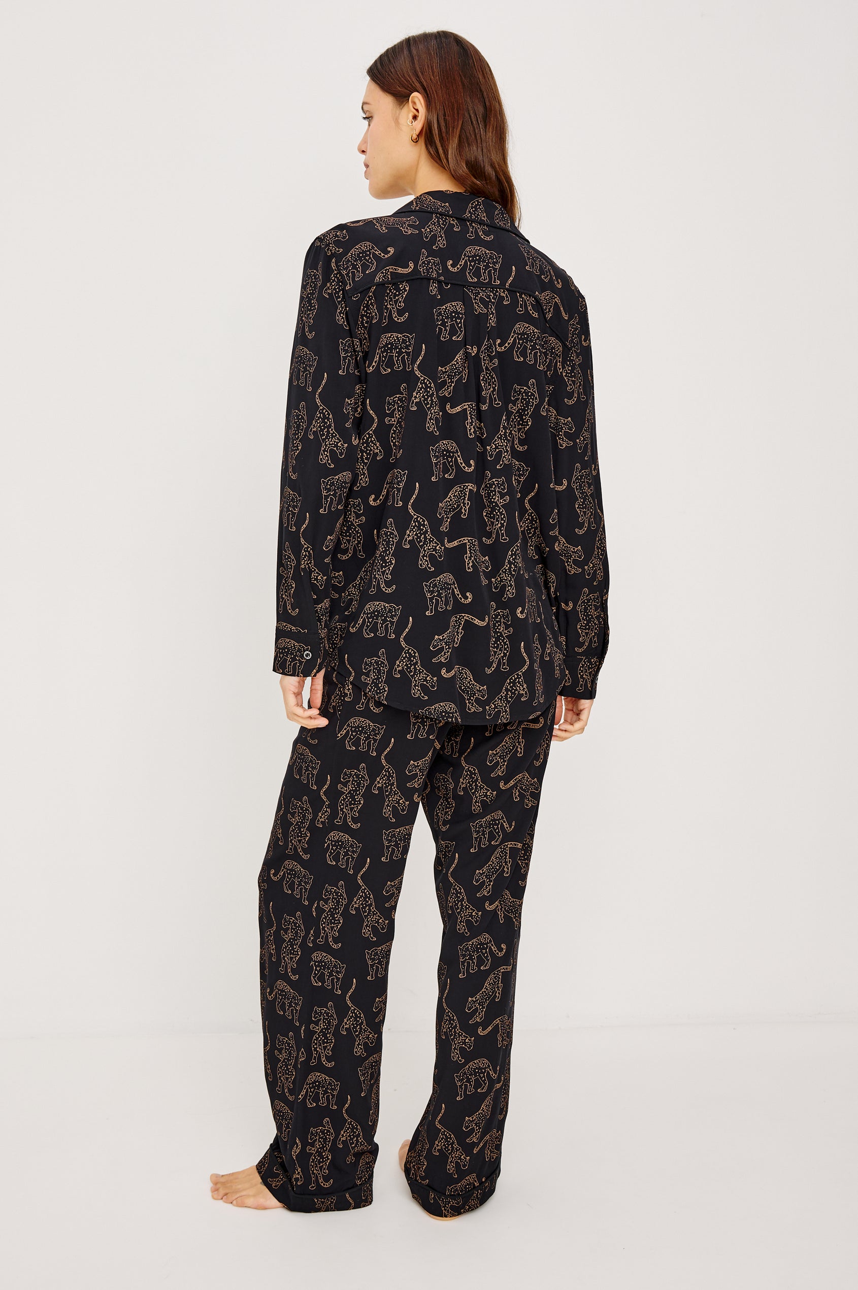 Varra Pajama Set in Jersey With Contrast Piping Button-Up Shirt With Notched Collar and Long Sleeves and Matching High-Waisted Pants With Adjustable Waist Drawstring Ties in Loose Fit in Tan Jaguars Colorway - Full Body Back View Featured on Model