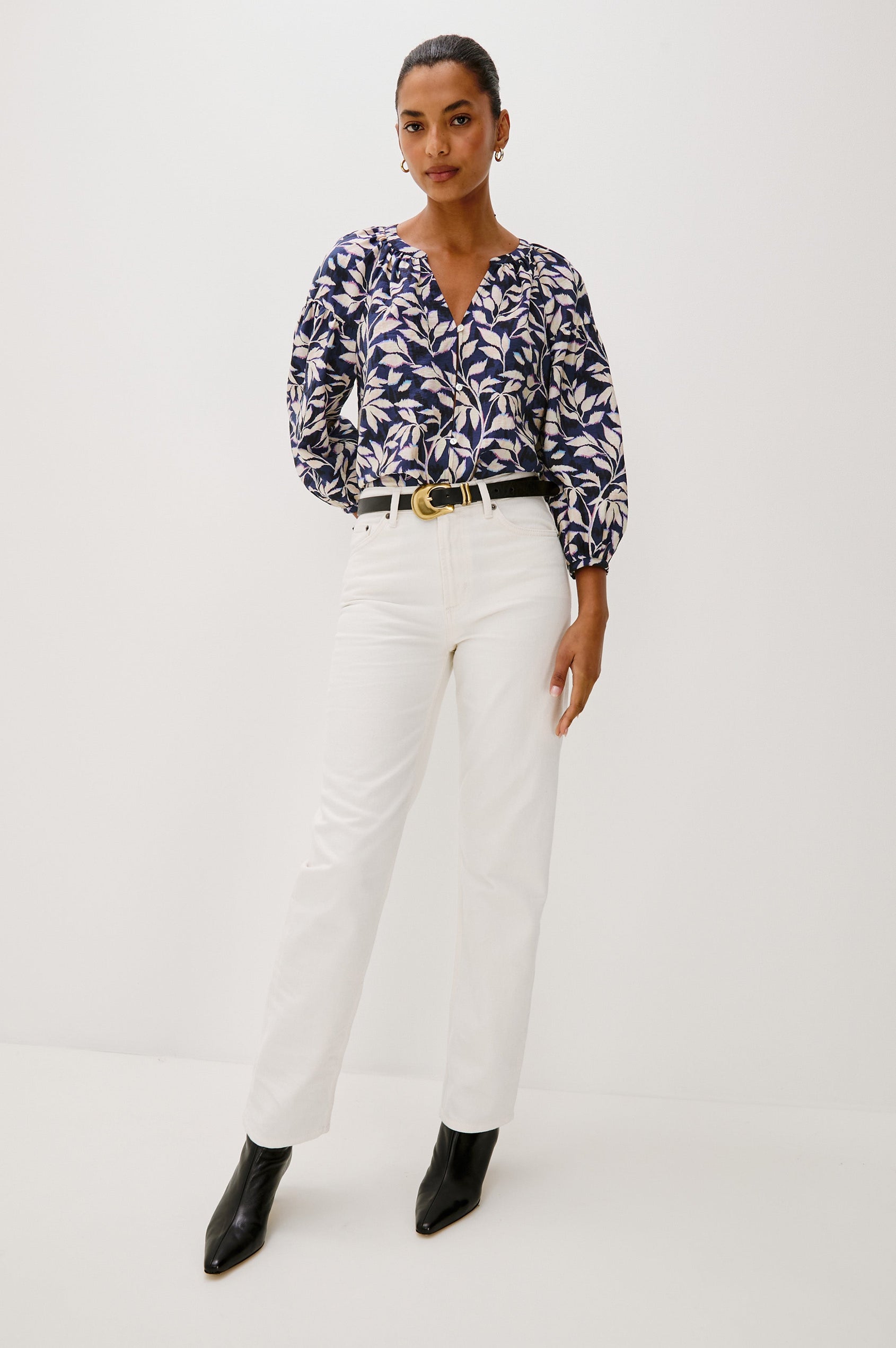 Vasia loose fitted long sleeve top with front button closure and raglan sleeves in Navy Vines print - full body front view on model