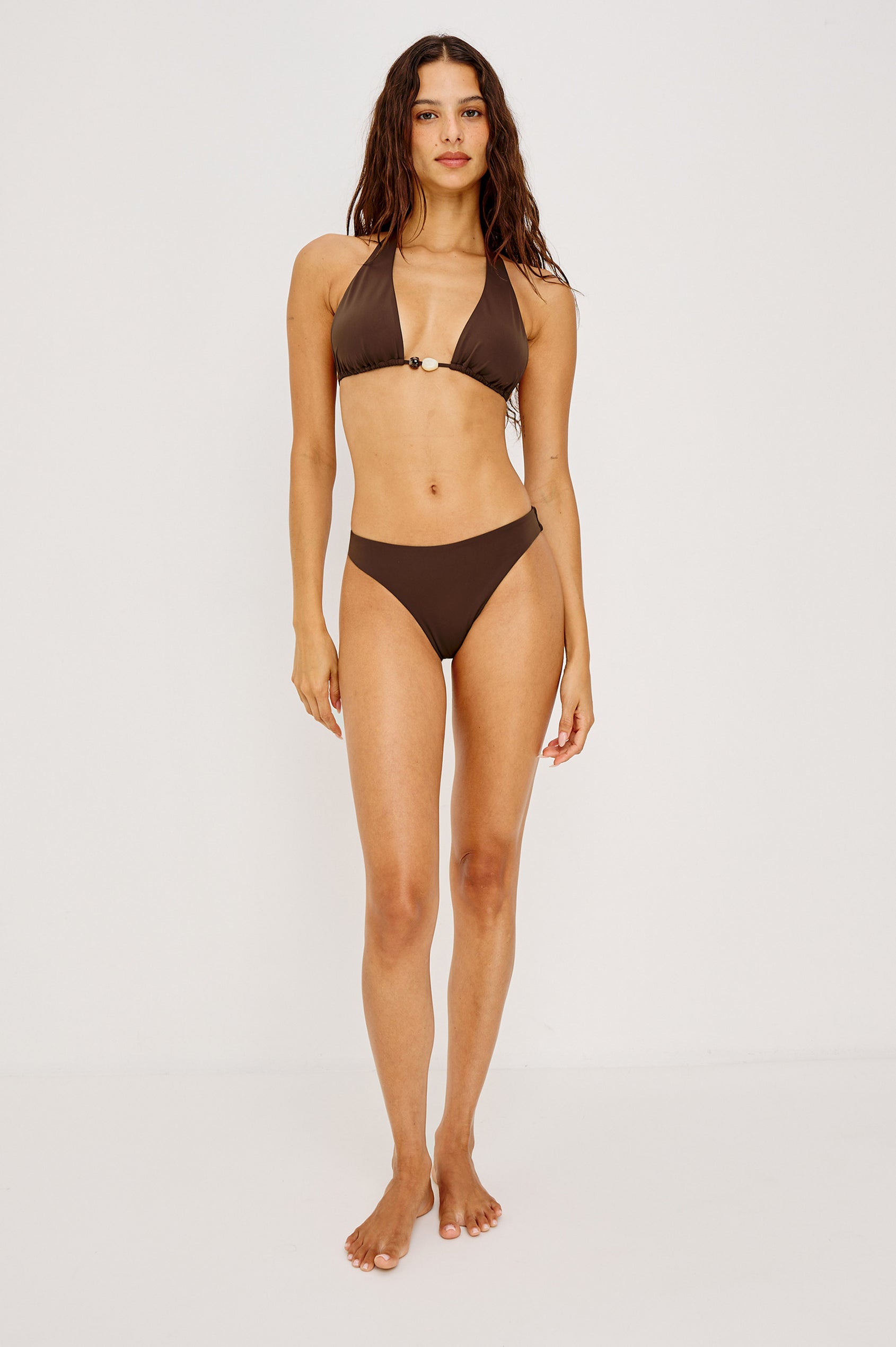 Veracruz Bikini Top With Adjustable Halter and Back Ties and Beads at Center Bust in Espresso Colorway - Full Body Front View Featured on Model