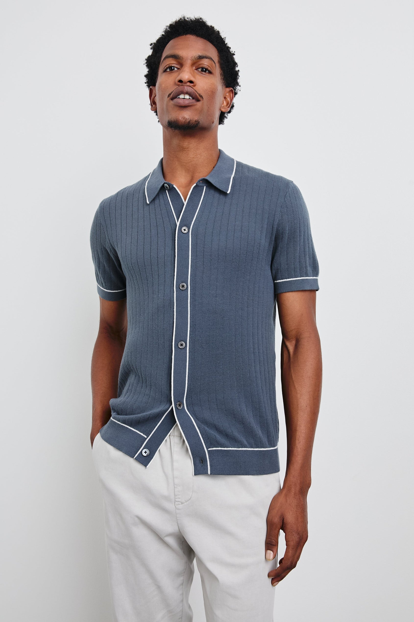 Vernon Short-Sleeve, Ribbed Button Up in Faded Navy Colorway with white trim - Front View Featured on Model