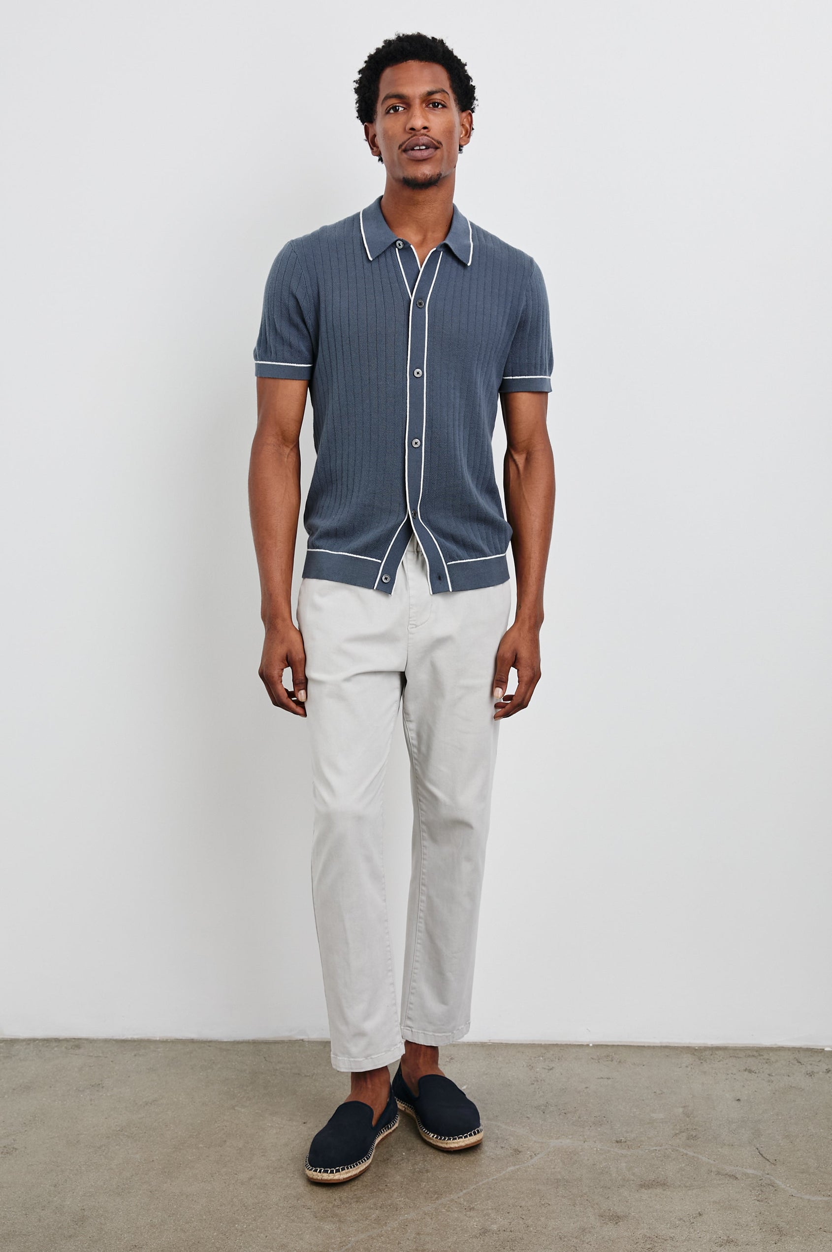 Vernon Short-Sleeve, Ribbed Button Up in Faded Navy Colorway with white trim - Front Full Body View Featured on Model