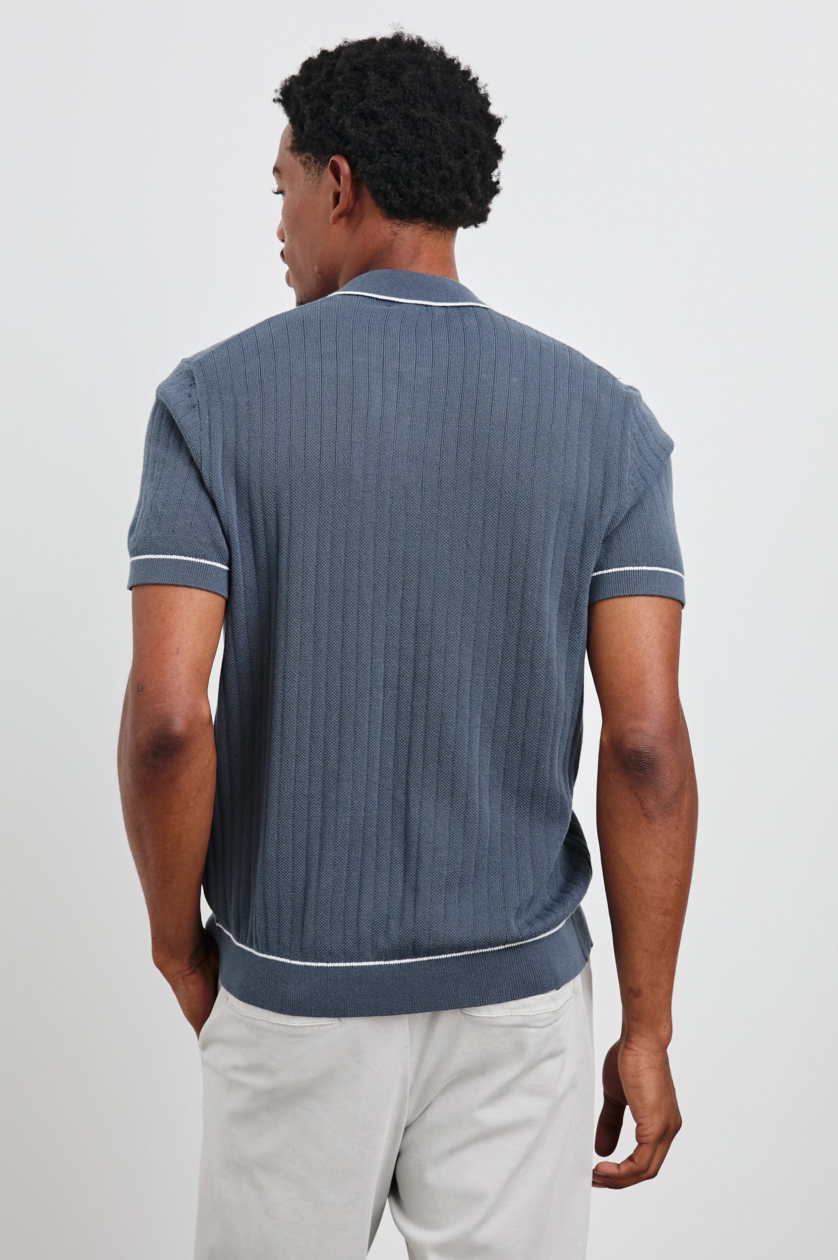 Vernon Short-Sleeve, Ribbed Button Up in Faded Navy Colorway with white trim - Front View Featured on Model