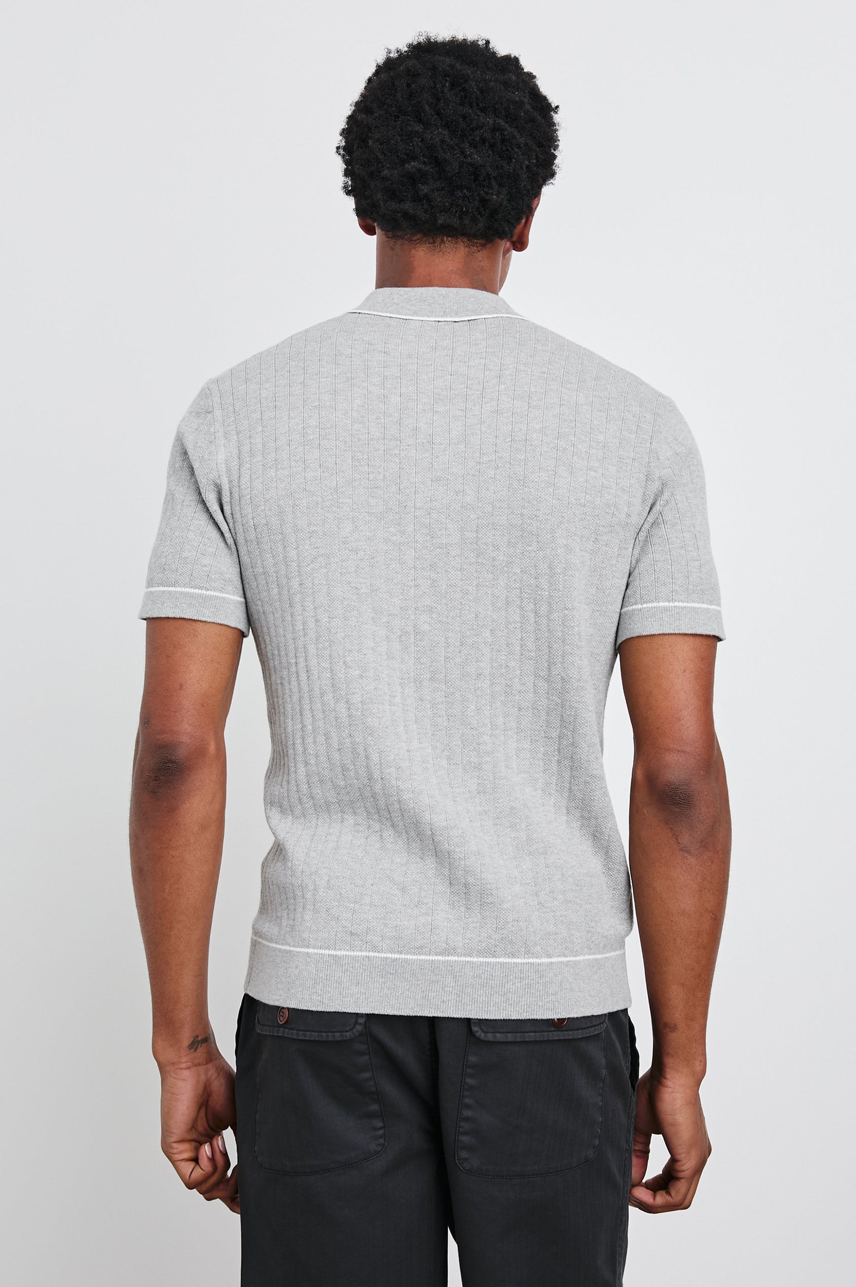 Vernon rib cotton short sleeve button down shirt with contrast trimmings in Grey Melange - back view on model