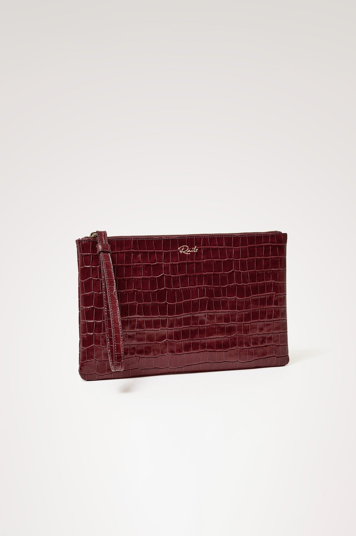 Verona Clutch Bag in Croc-Embossed Leather With Attached Wristlet Strap, Top Zip Closure, and Interior Slip Pocket in Burgundy Croc Embossed Colorway - Front Product View Featured