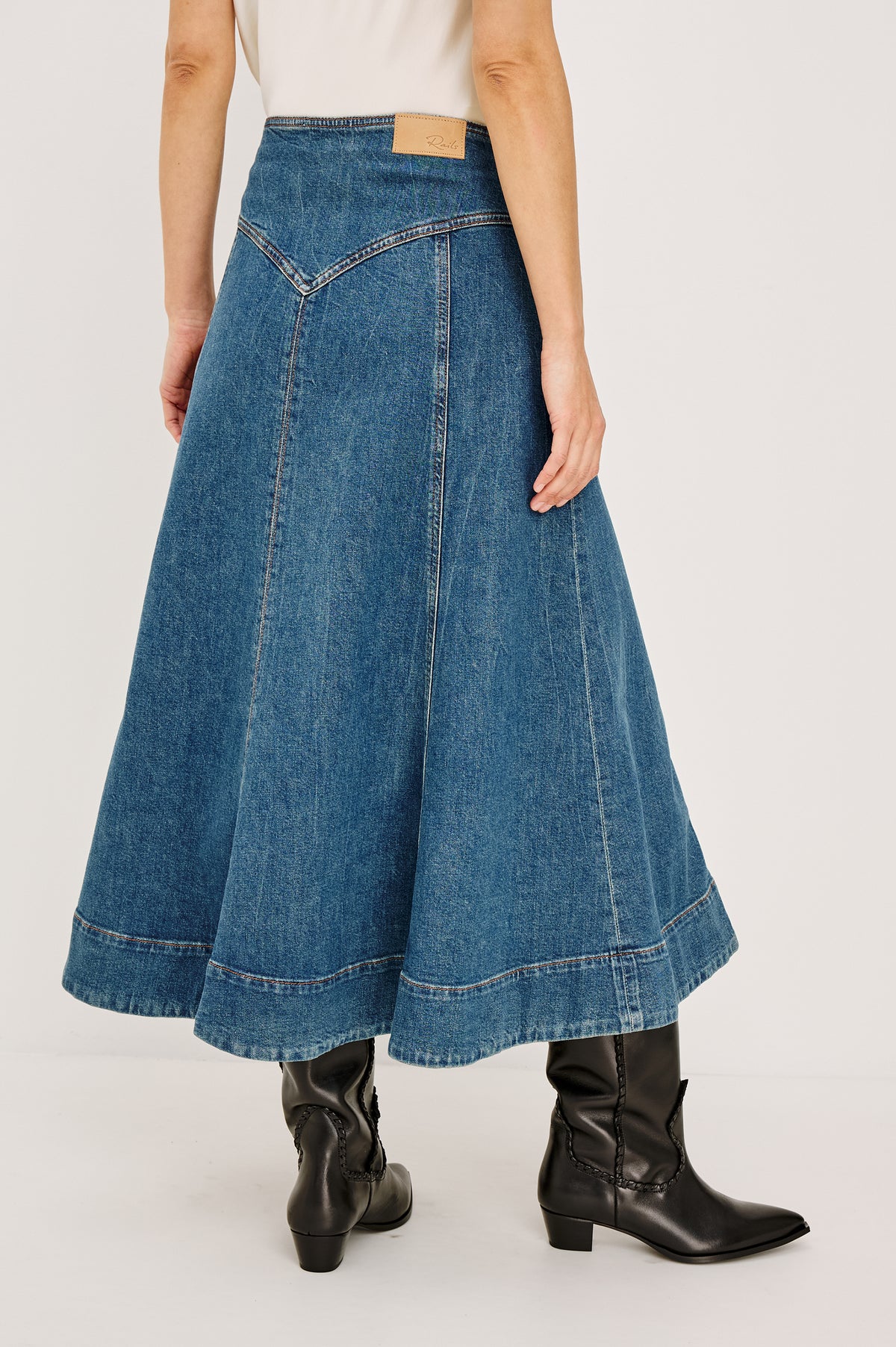 Vicente Midi Skirt in Comfort-Stretch Denim With High-Waisted Fit, Back Yoke, Side Pockets, No Waistband in Meadowbrook Colorway - Back View Featured on Model.